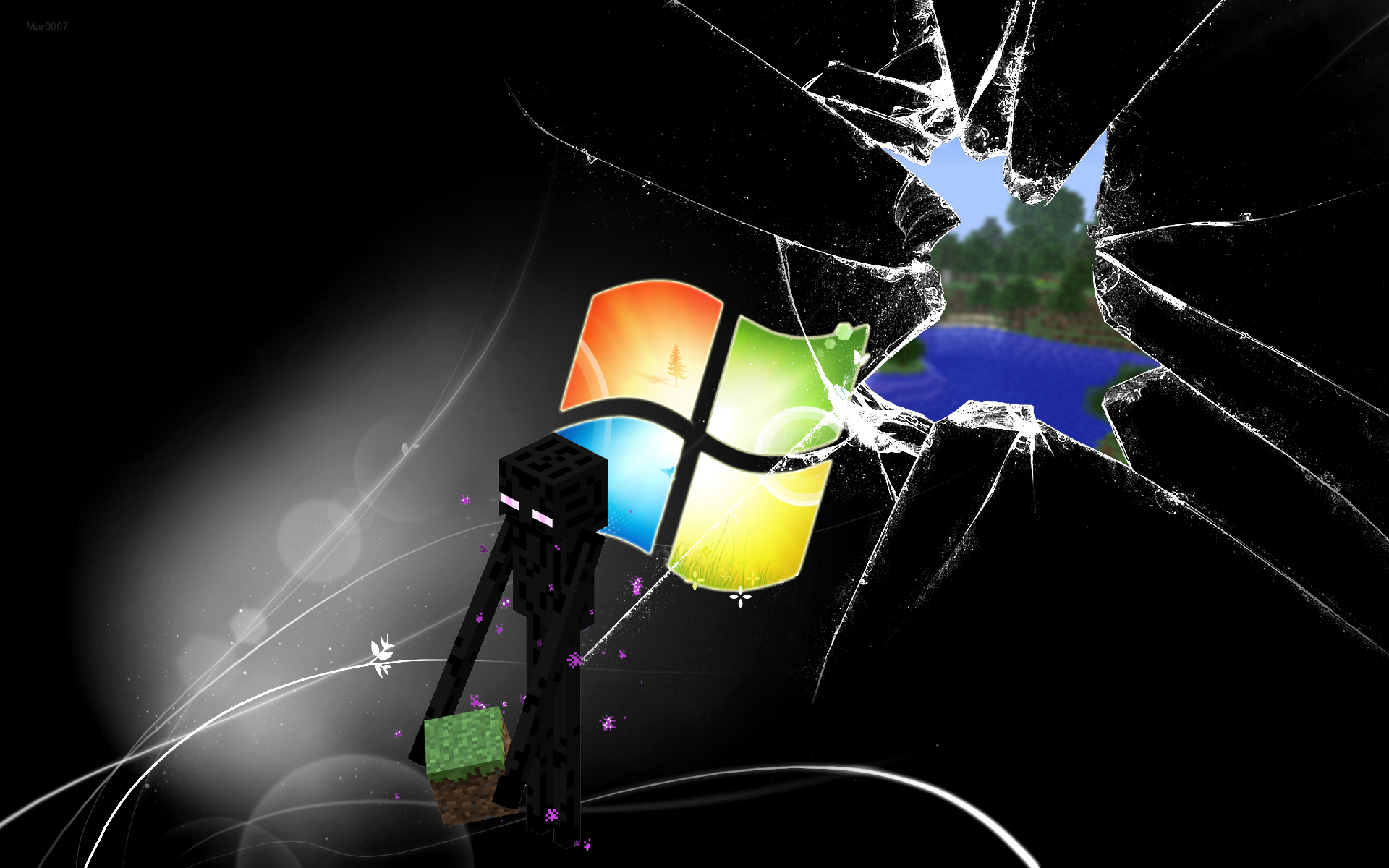 A Minecraft Enderman breaking through a Windows logo, revealing a Minecraft landscape behind it