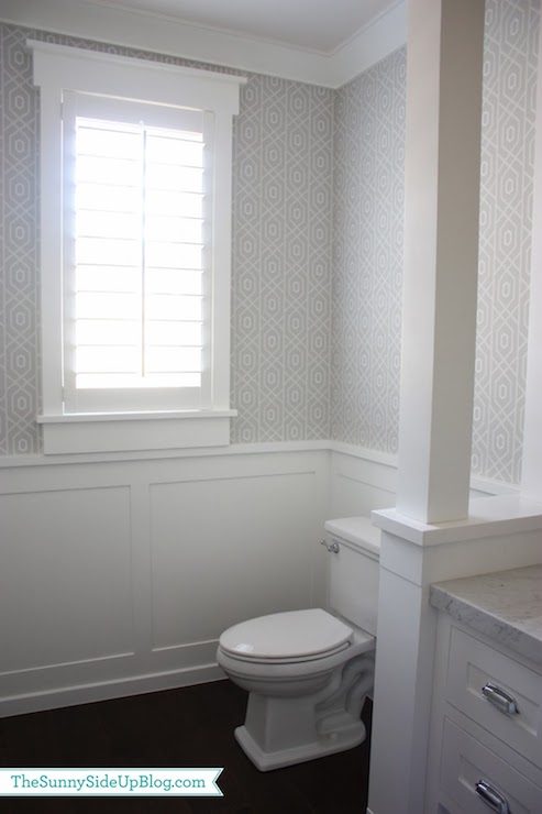 And Gray Geometric Wallpaper On Upper Walls White Wainscoting