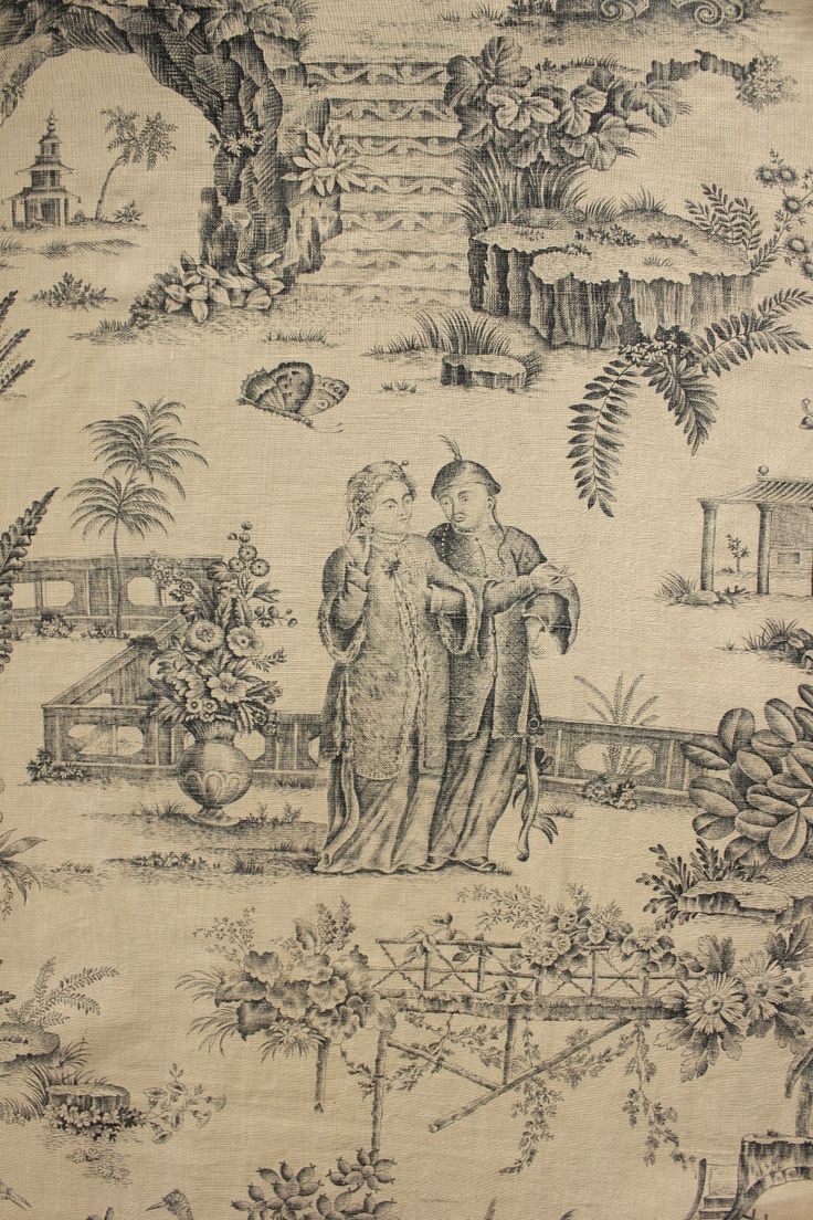 Vintage French Chinoiserie Toile de Jouy printed LINEN curtain trim b