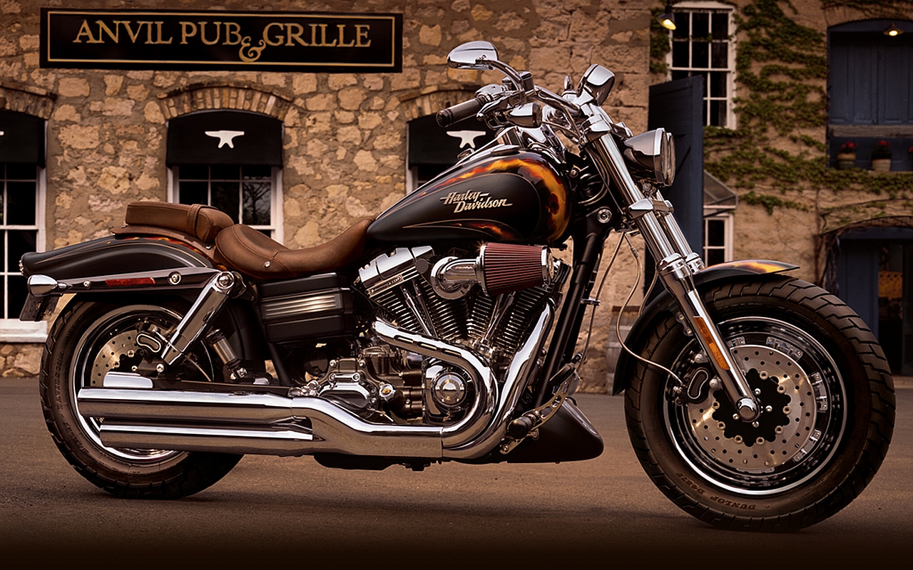 A Harley-Davidson Dyna Super Glide Custom motorcycle parked in front of a stone building