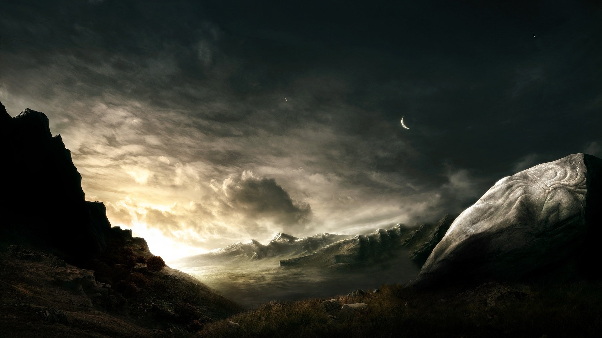 Dark Mountain Sun Sci Fi Landscape HD Wallpaper