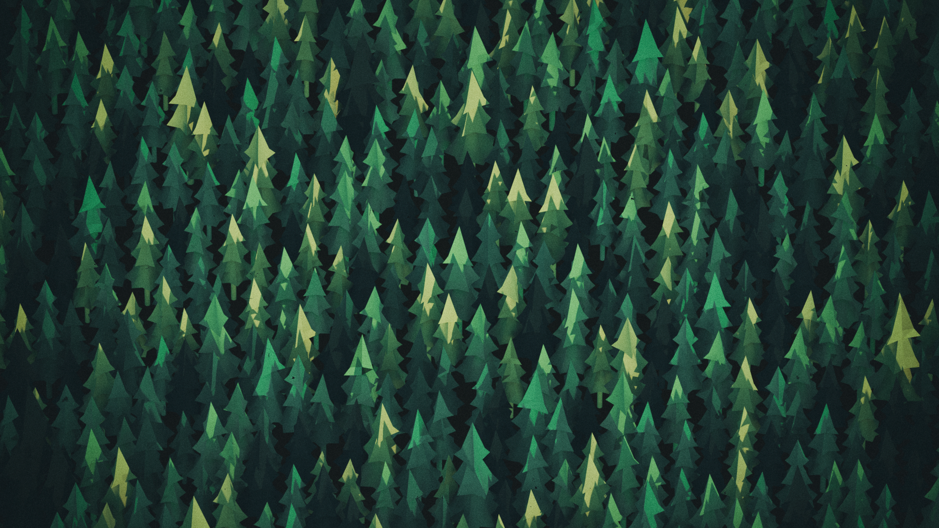 A minimalist HD wallpaper featuring a dense forest of stylized evergreen trees in shades of green, creating a calming and natural backdrop