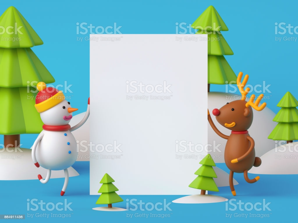 3d Render Digital Illustration Cartoon Snowman And Deer Hiding