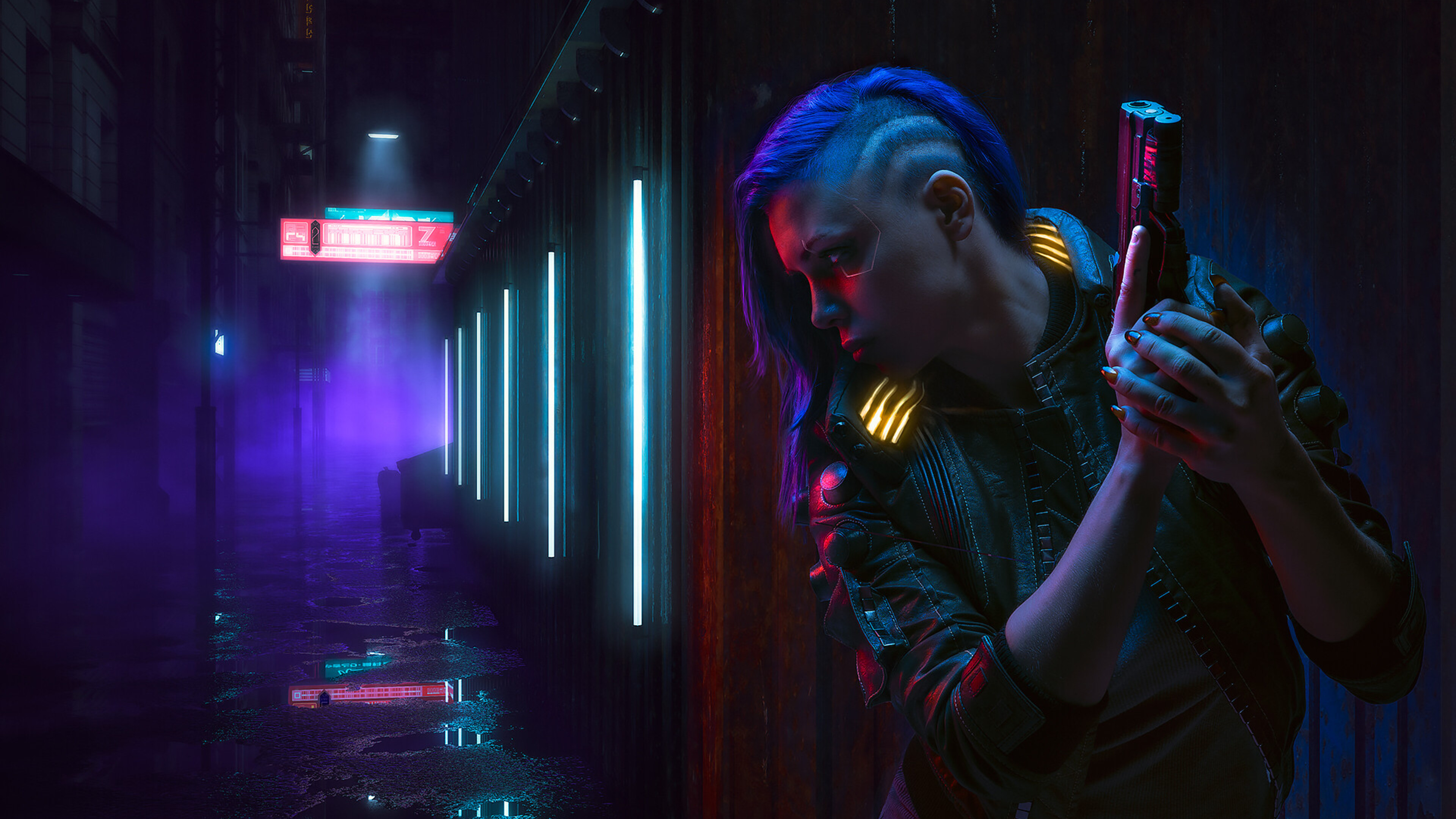 A cyberpunk woman with a shaved side haircut and vibrant blue hair stands in a dark, neon-lit alley, holding a futuristic pistol. She wears a leather jacket with gold accents and a determined expression