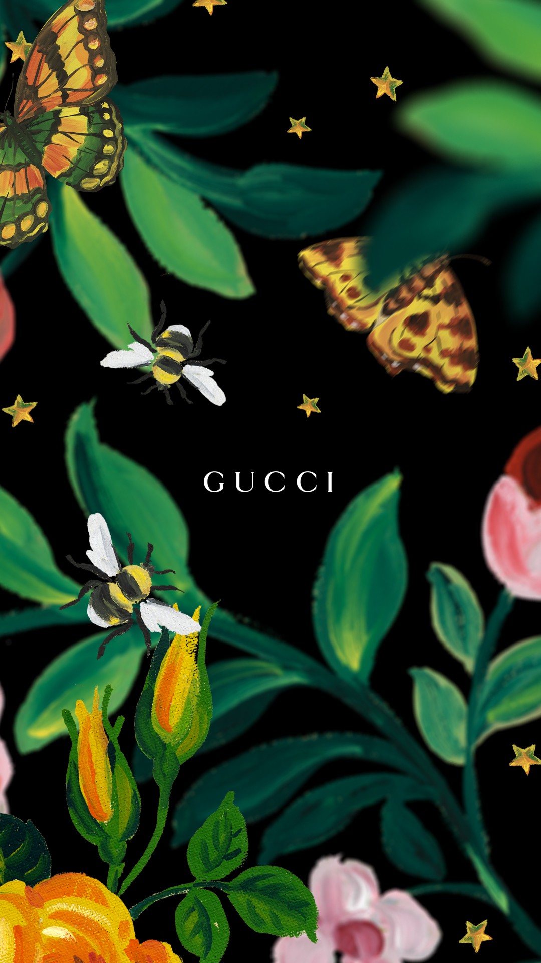 Gucci wallpaper featuring a lush floral design with butterflies, bees, and gold stars on a black background