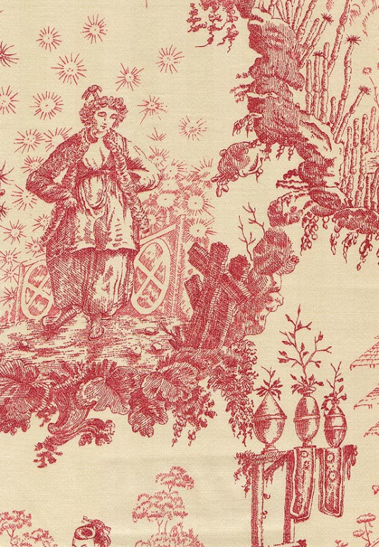 Chinese Toile Fabric Red De Jouy Printed On Cream Cloth
