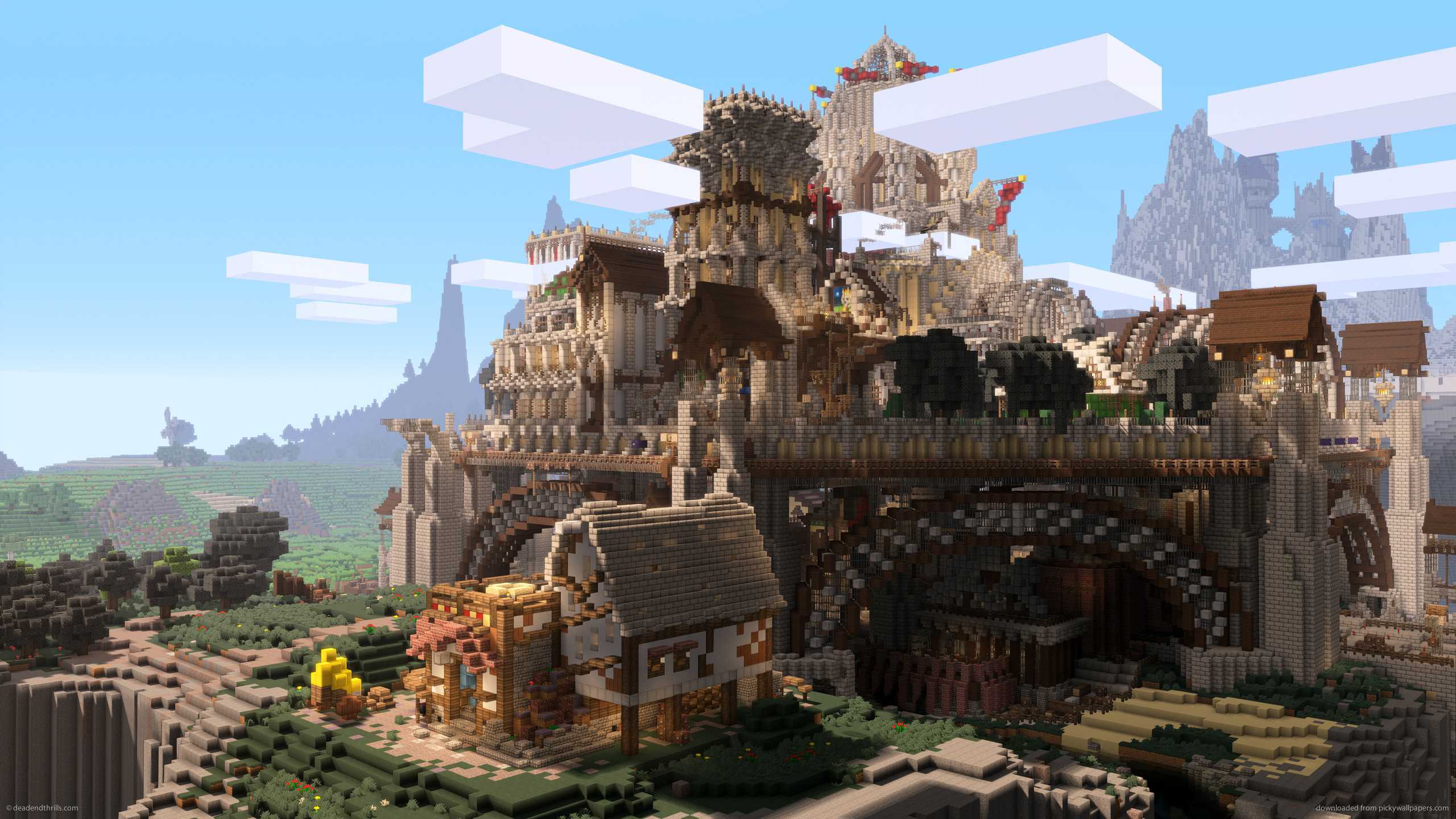 A majestic Minecraft castle overlooking a pixelated landscape