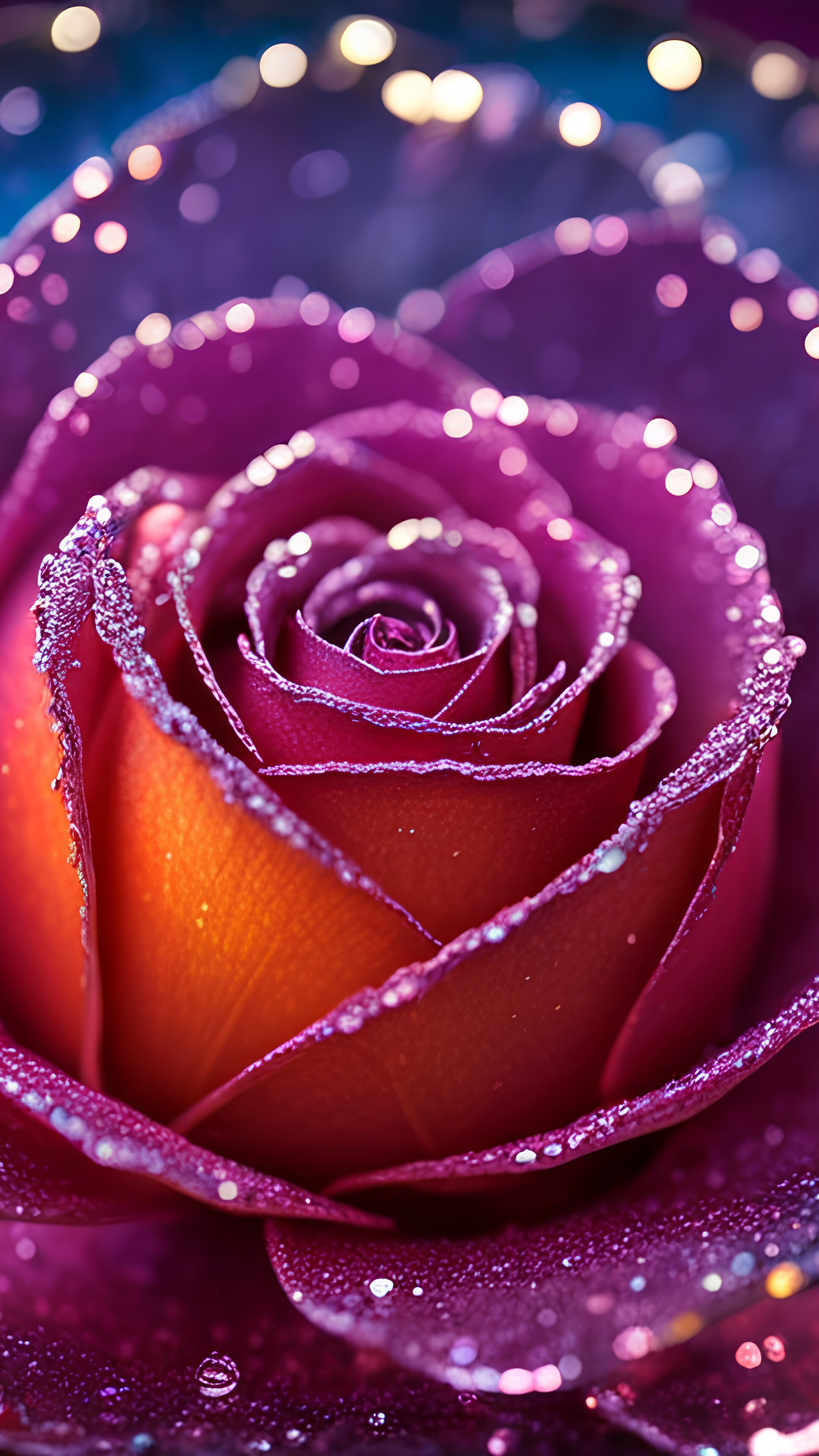 Close-up of a vibrant rose with dew drops, showcasing a gradient of orange and purple petals against a bokeh background