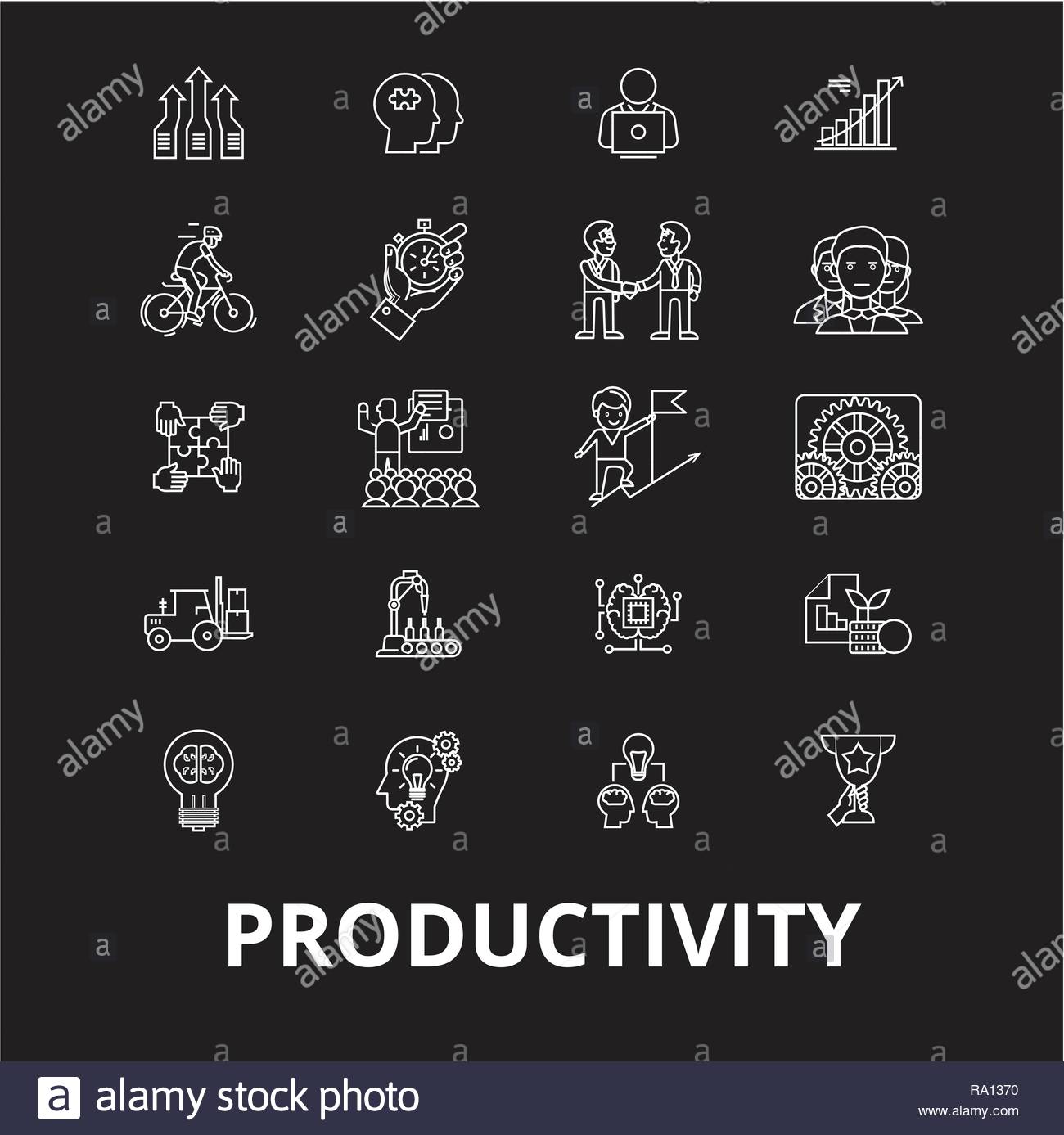 Productivity Editable Line Icons Vector Set On Black Background
