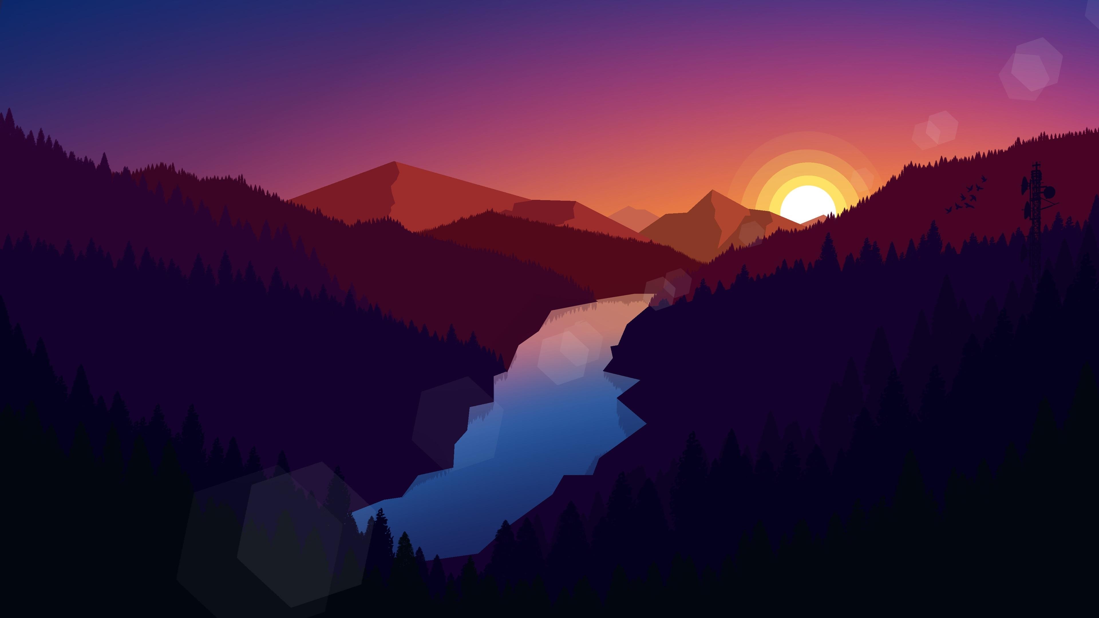 Minimalist 4k wallpaper of a serene sunset over a river valley, with silhouetted mountains and forests