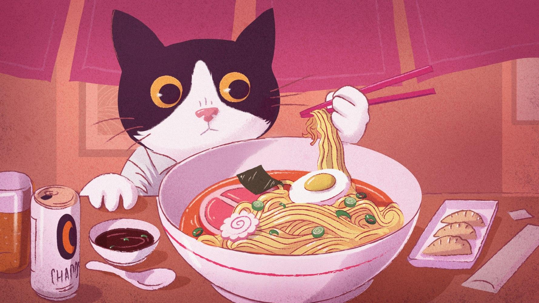 Art Cat Using Chopsticks To Eat A Bowl Of Ramen Mixkit