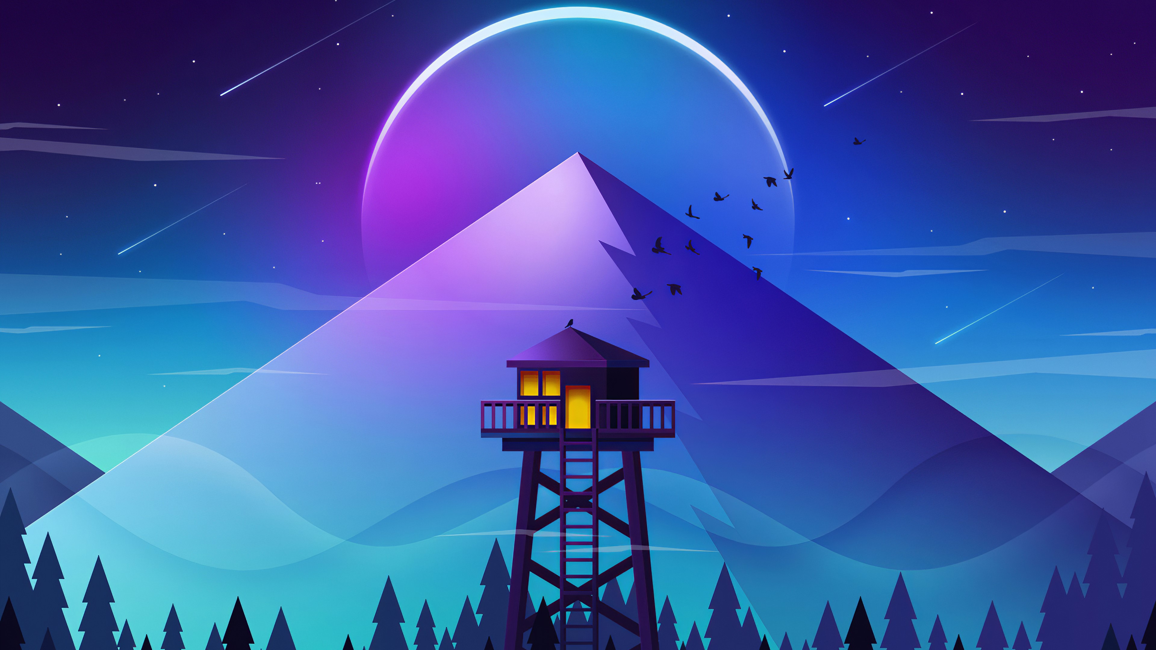 Minimalist 4k wallpaper featuring a solitary watchtower perched atop a stylized mountain, beneath a glowing halo and a starry night sky