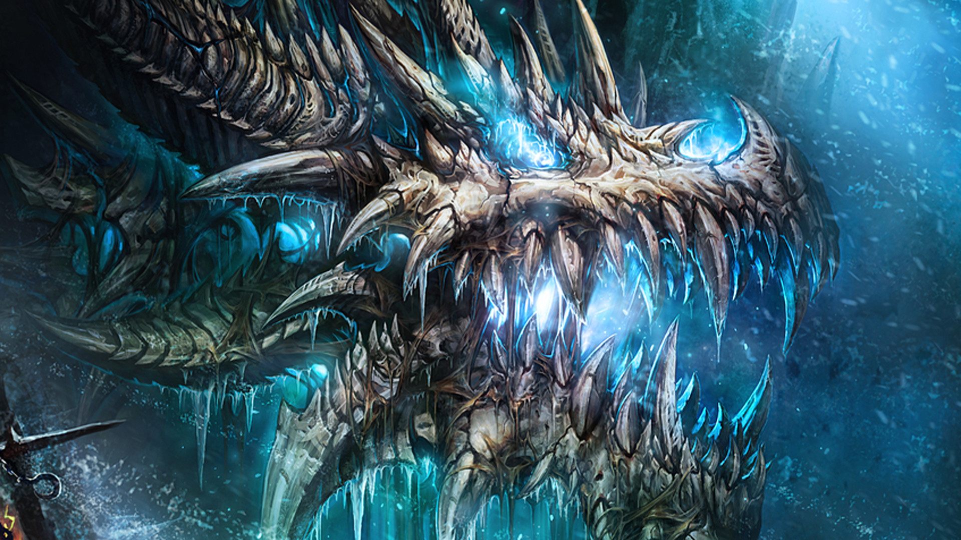 A fierce ice dragon with glowing blue eyes and icicles dripping from its massive jaws
