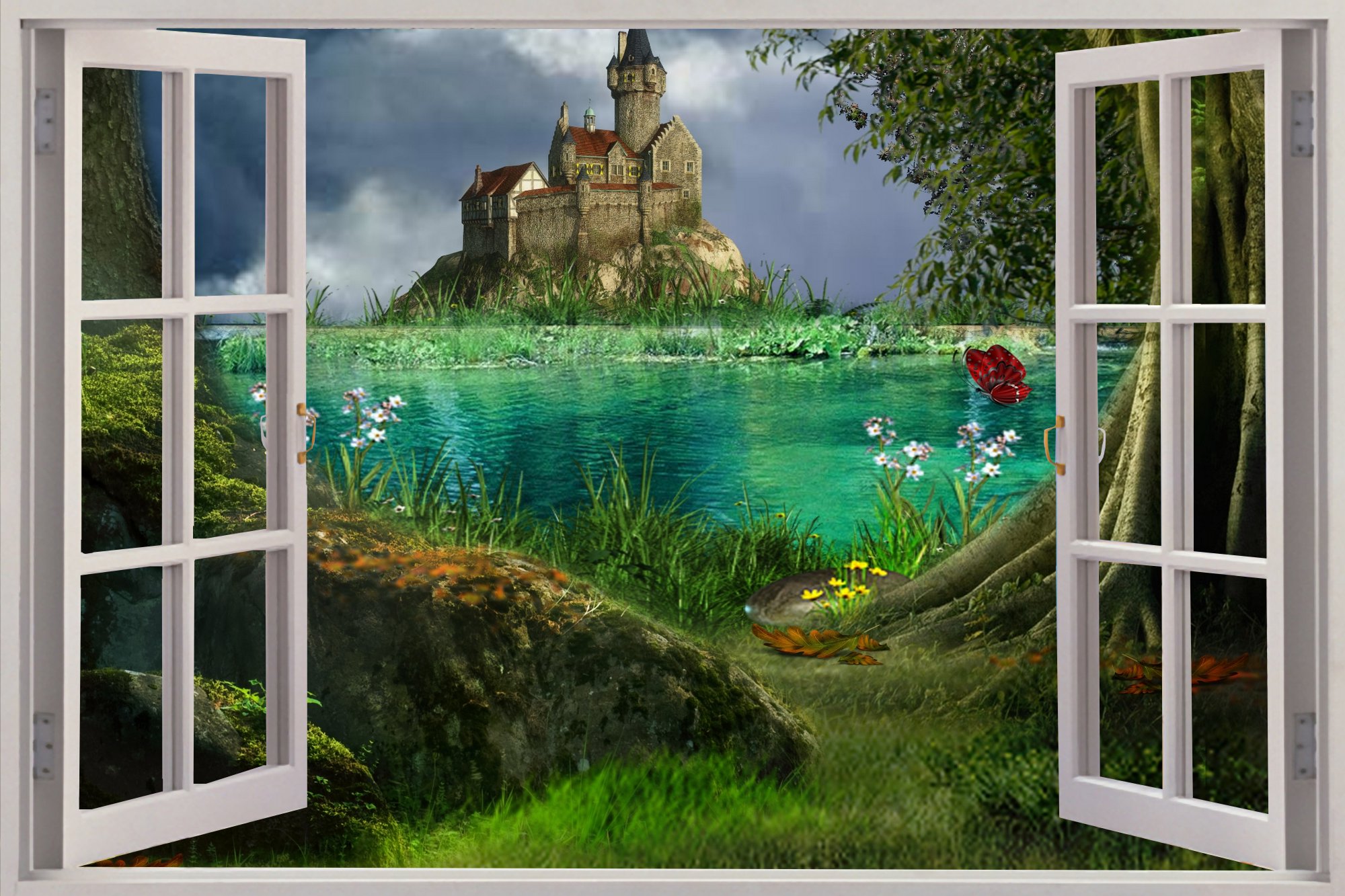 Details about Huge 3D Window Enchanted Castle View Wall Stickers Mural 2000x1333