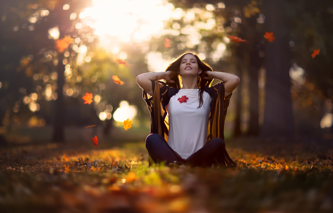 Wallpaper autumn girl falling leaves Mid Autumn Morning images