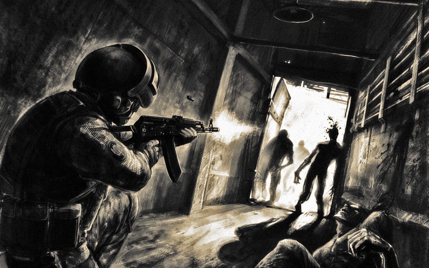 Dark Horror Zombie Warrior Soldier Weapons Guns Art Wallpaper