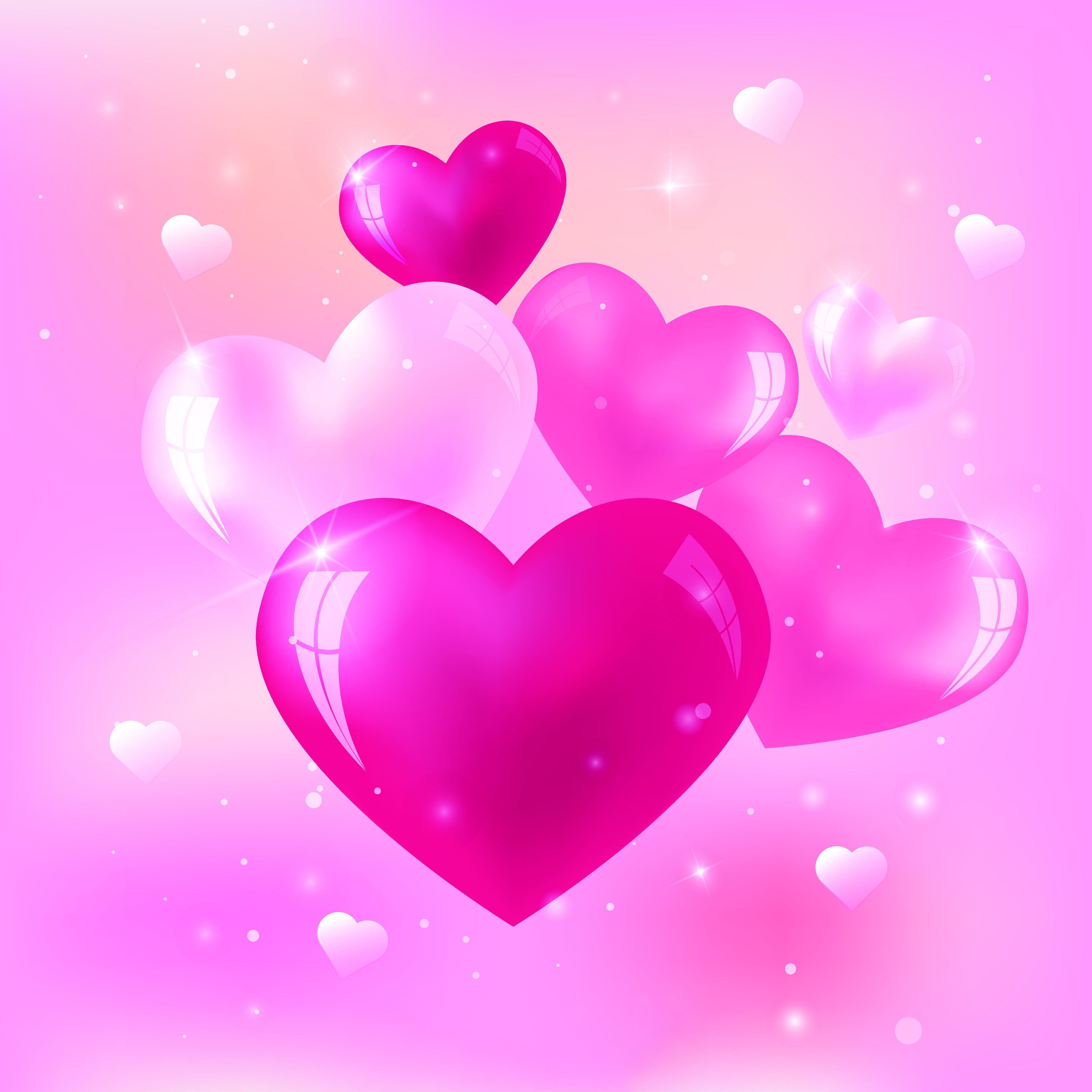 A vibrant Valentine's Day or love-themed image featuring multiple glossy, pink and white hearts floating against a soft pink and peach gradient background.  Sparkles and smaller hearts add to the romantic and festive feel