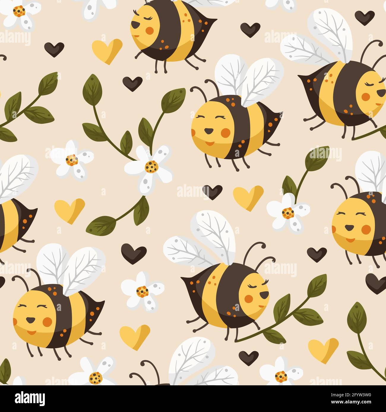 Cartoon Bee Cute Vector Seamless Pattern Festive Insect And Daisy