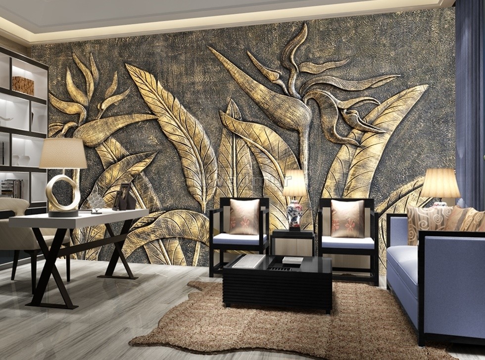 3d Embossed Look Gold Sculpture Wallpaper Mural Wallmur