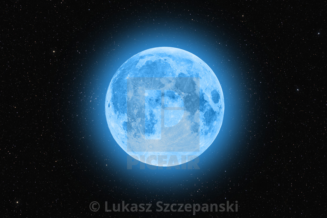 Blue Super Moon Glowing Against Starry Sky Dark Background