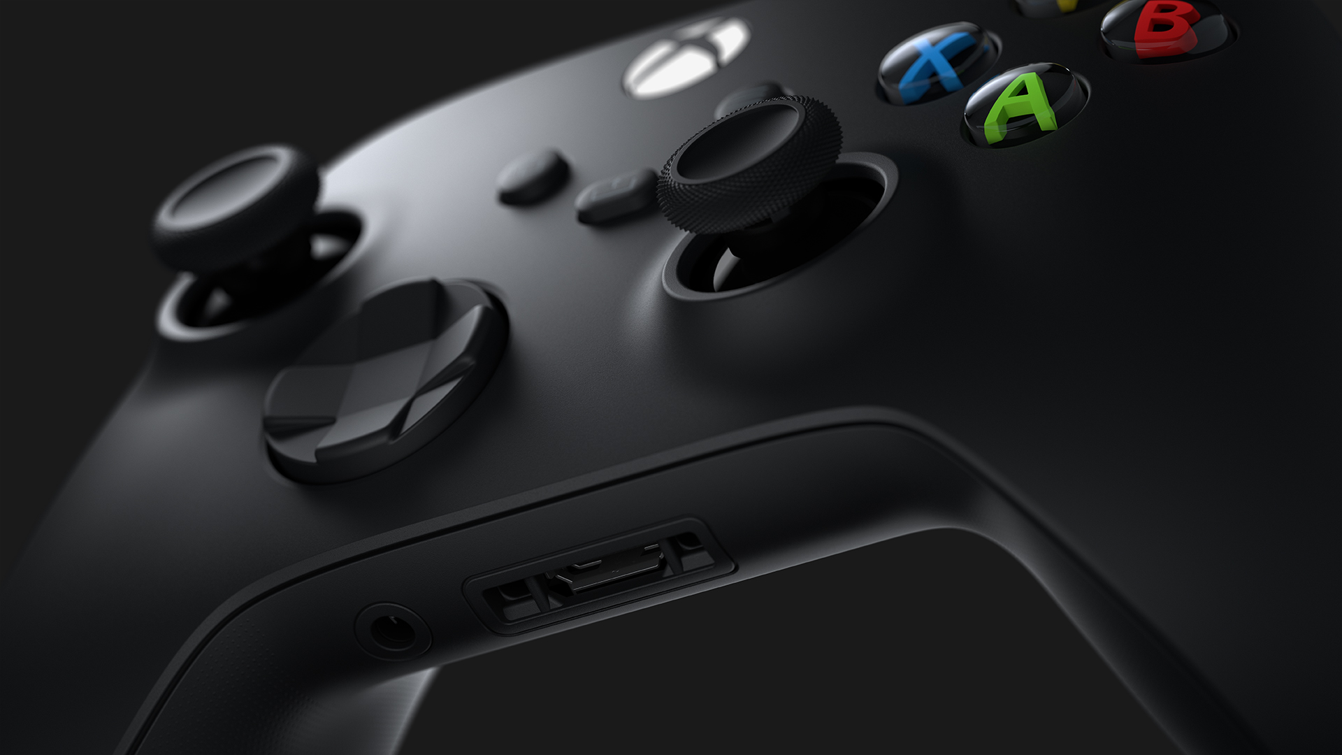 Close-up of an Xbox Series X/S controller, highlighting its sleek black design, textured grips, and various buttons