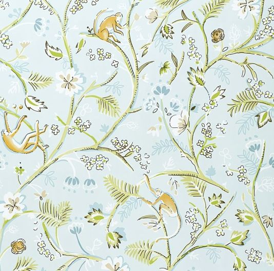Guadeloupe Floral Wallpaper Light blue wallpaper with wild jungle