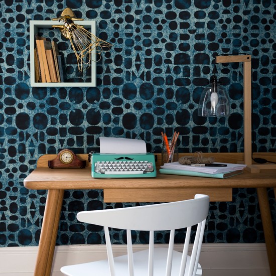 Contemporary Home Office With Statement Wallpaper