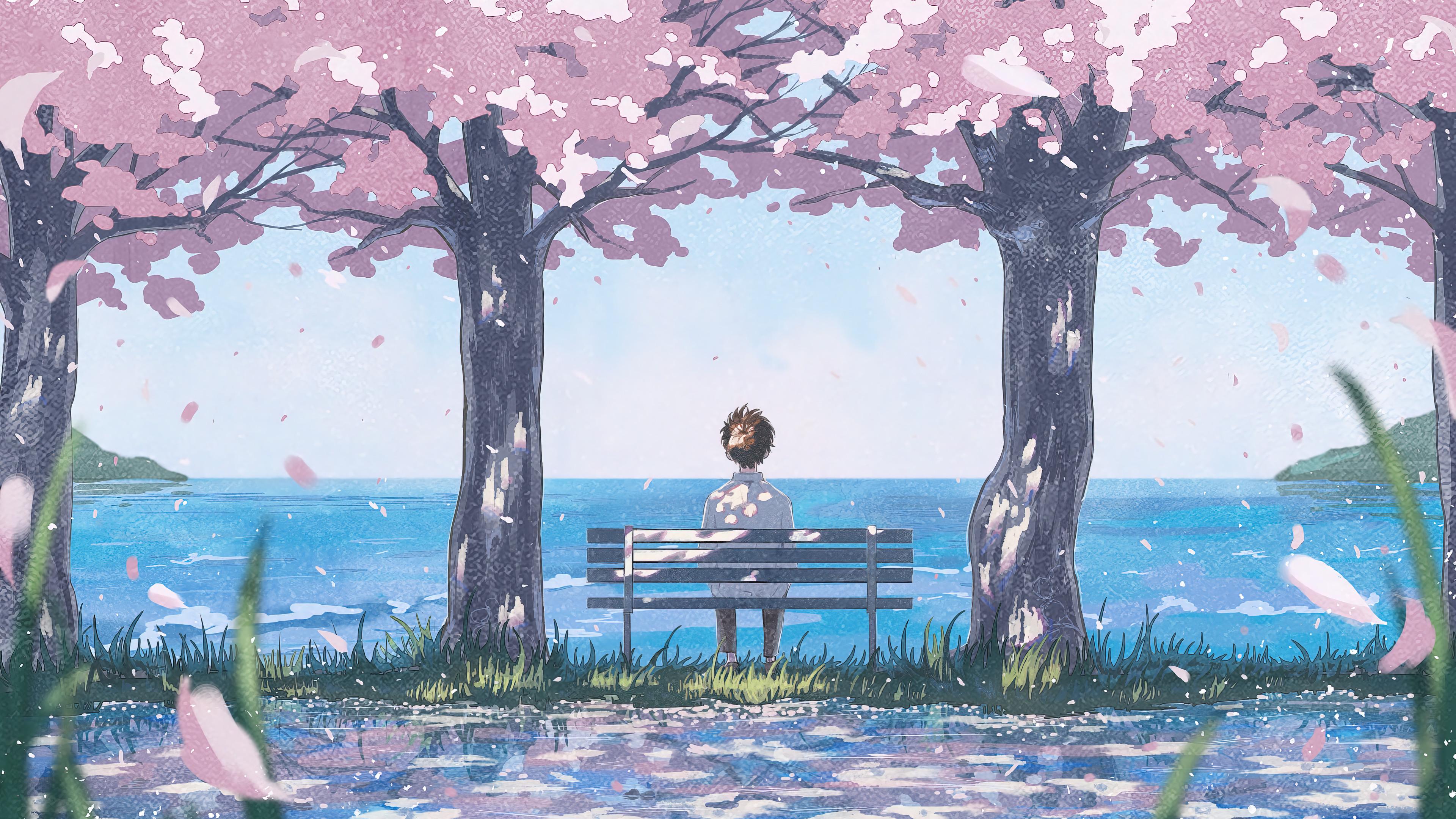 Cherry Blossom Sea Anime Scenery Wallpaper iPhone Phone 4K 1530f
