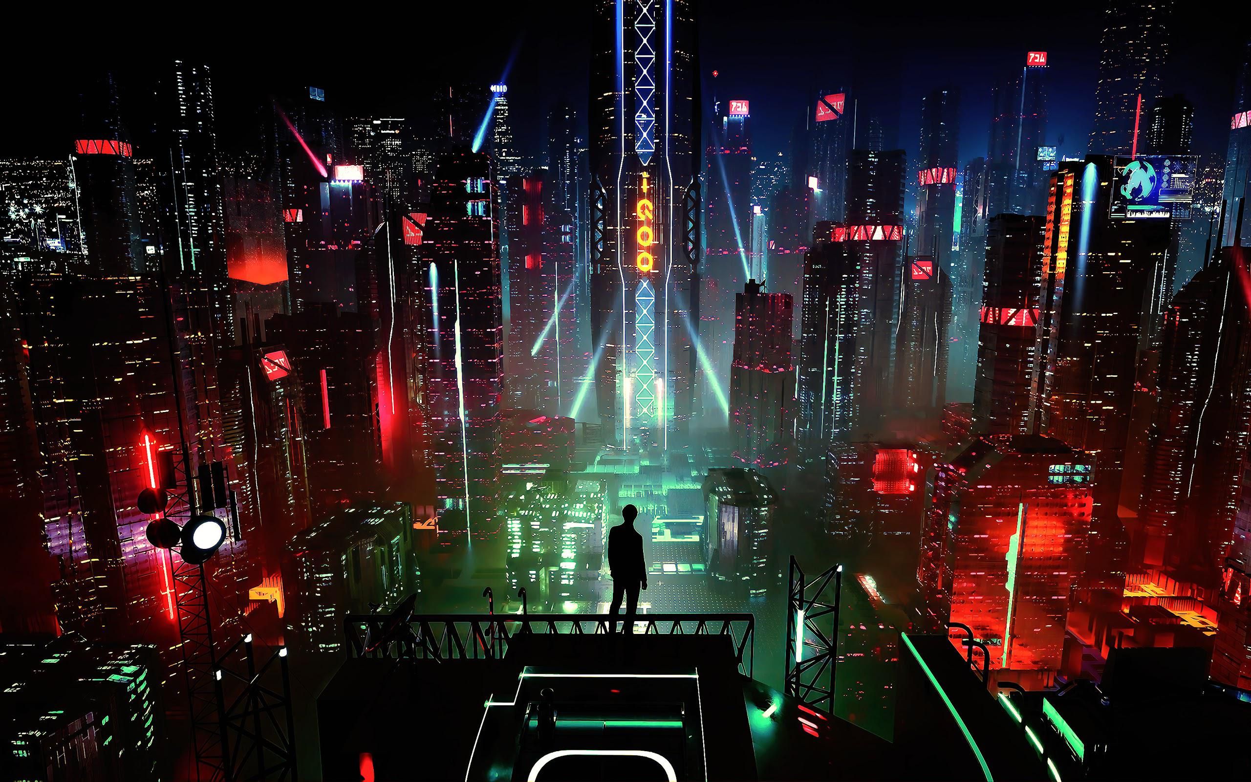 A silhouette of a person stands on a rooftop overlooking a futuristic cyberpunk city at night, with towering skyscrapers, neon lights, and holographic projections