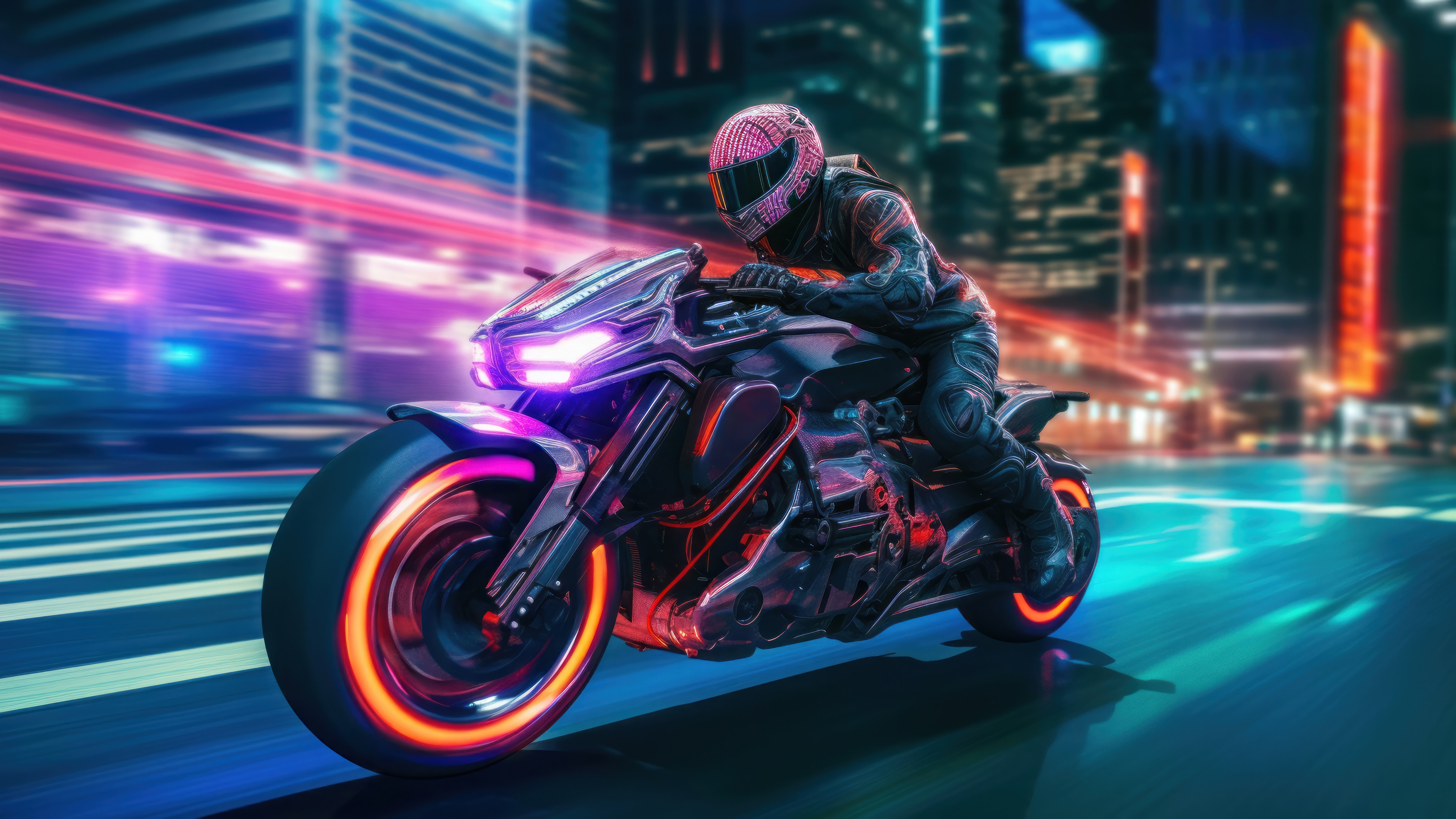 A futuristic motorcycle with glowing neon accents speeds through a vibrant city at night