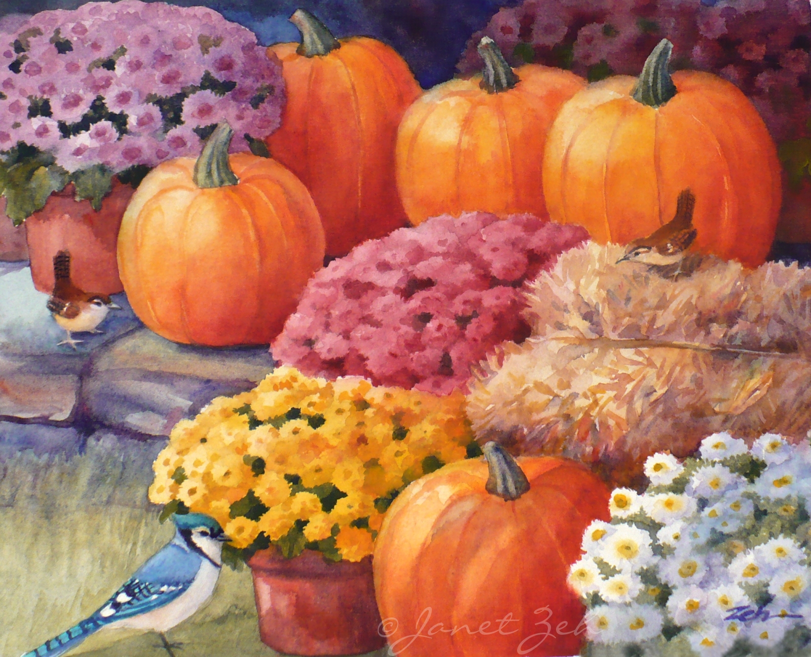 Fall Scene With Pumpkins Birds And Mums