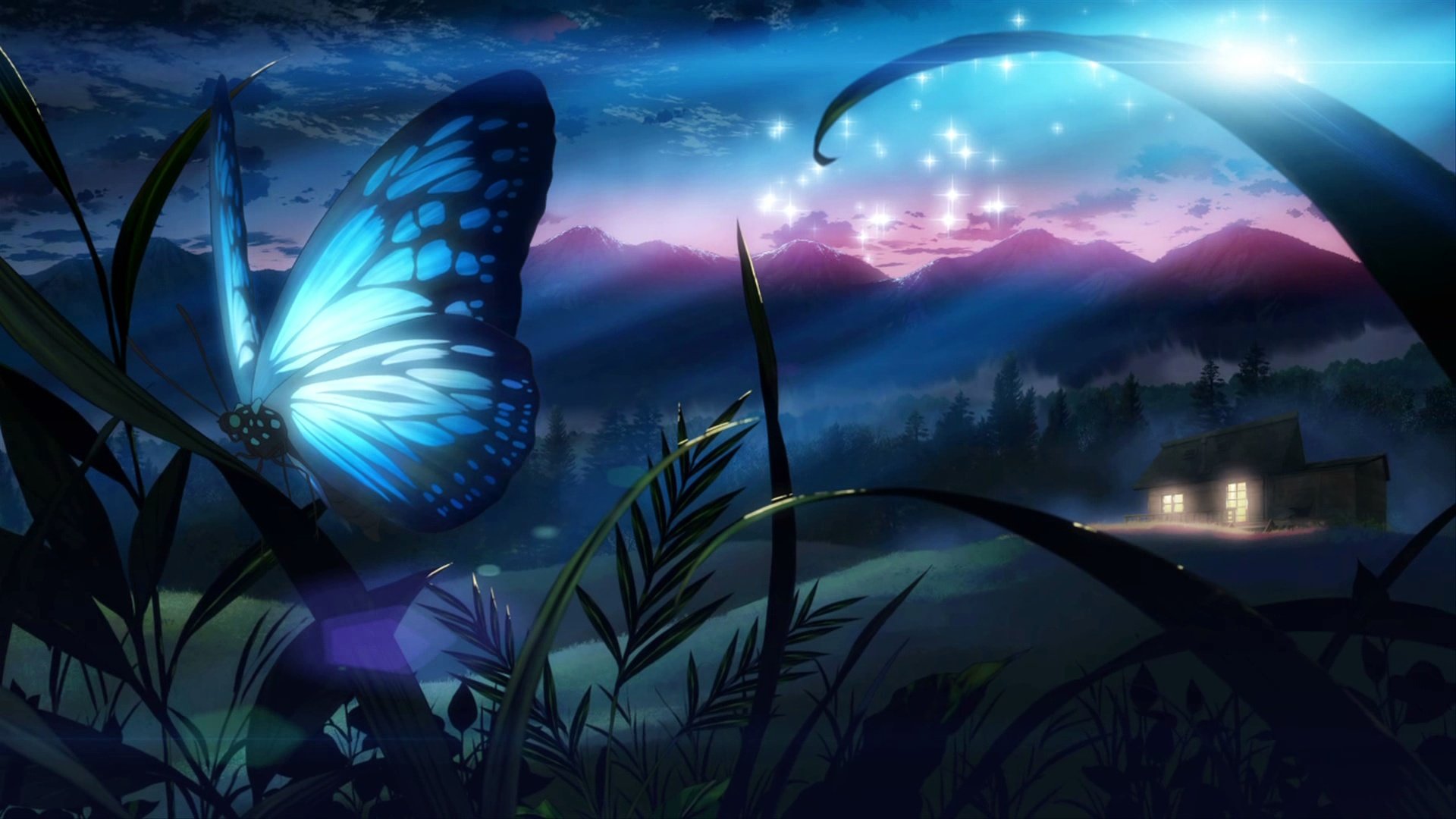 Butterfly Eden Grass Night Tree Original Fantasy Wallpaper