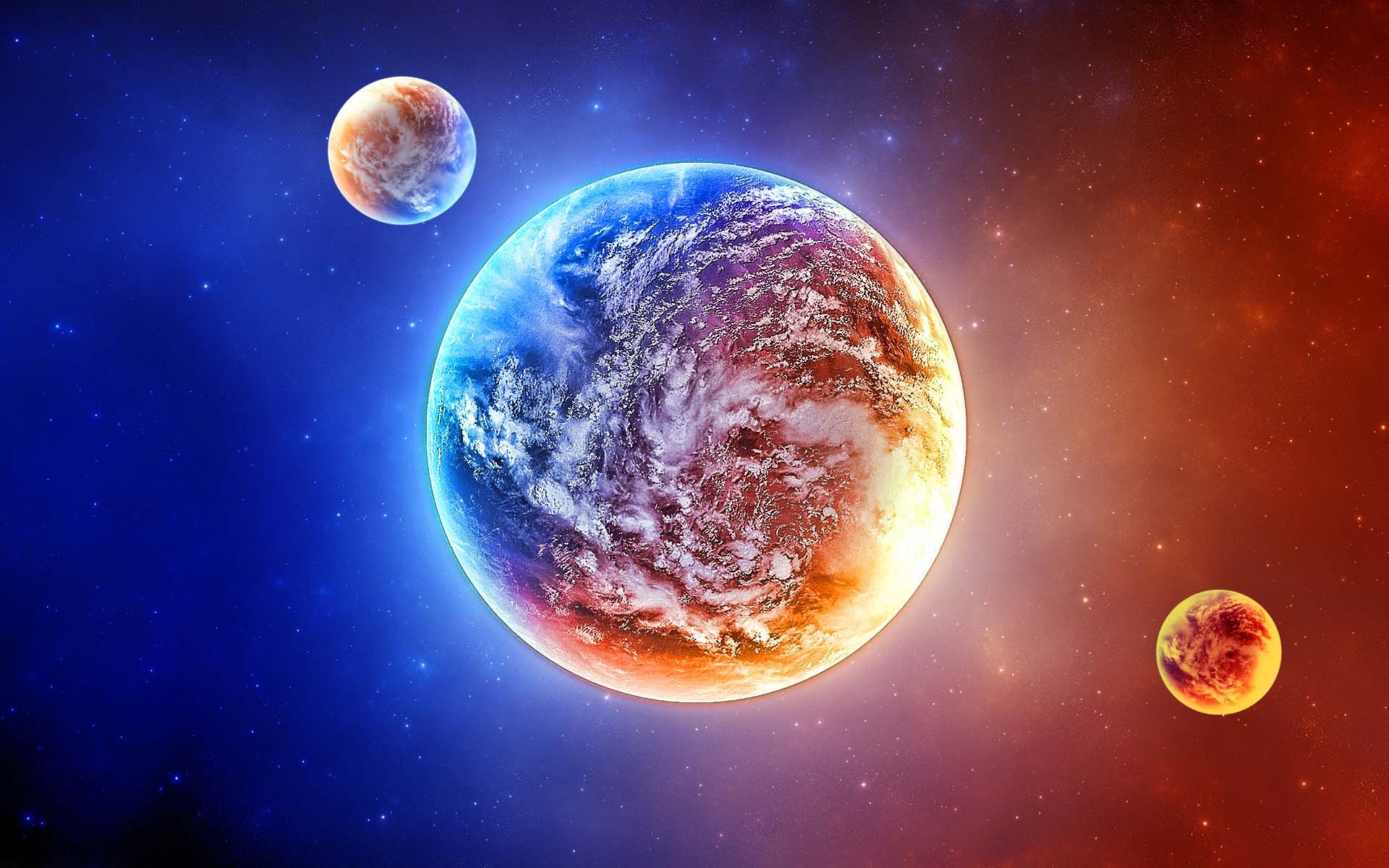 A vibrant and colorful depiction of a planet, possibly Earth, with two smaller planets or moons in the background, set against a backdrop of a starry nebula