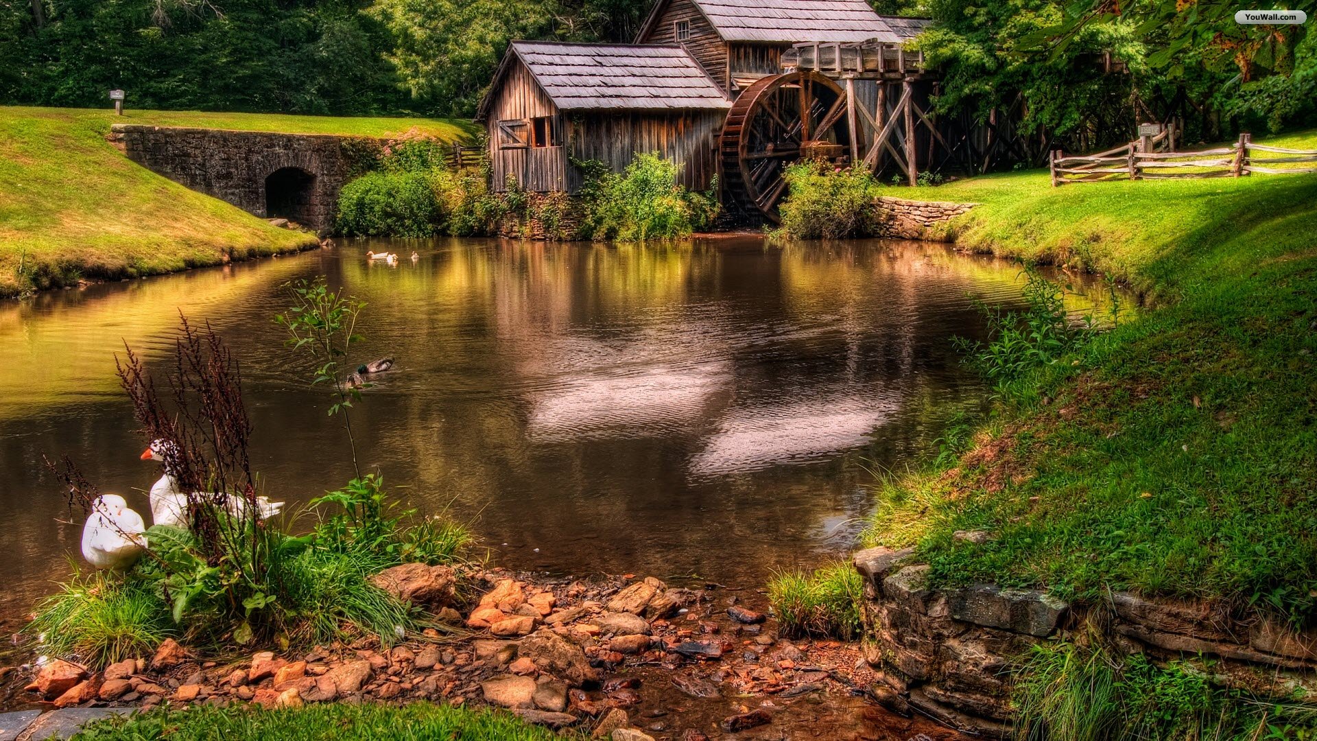 love how you see this old style cabin with a waterwheel next to this