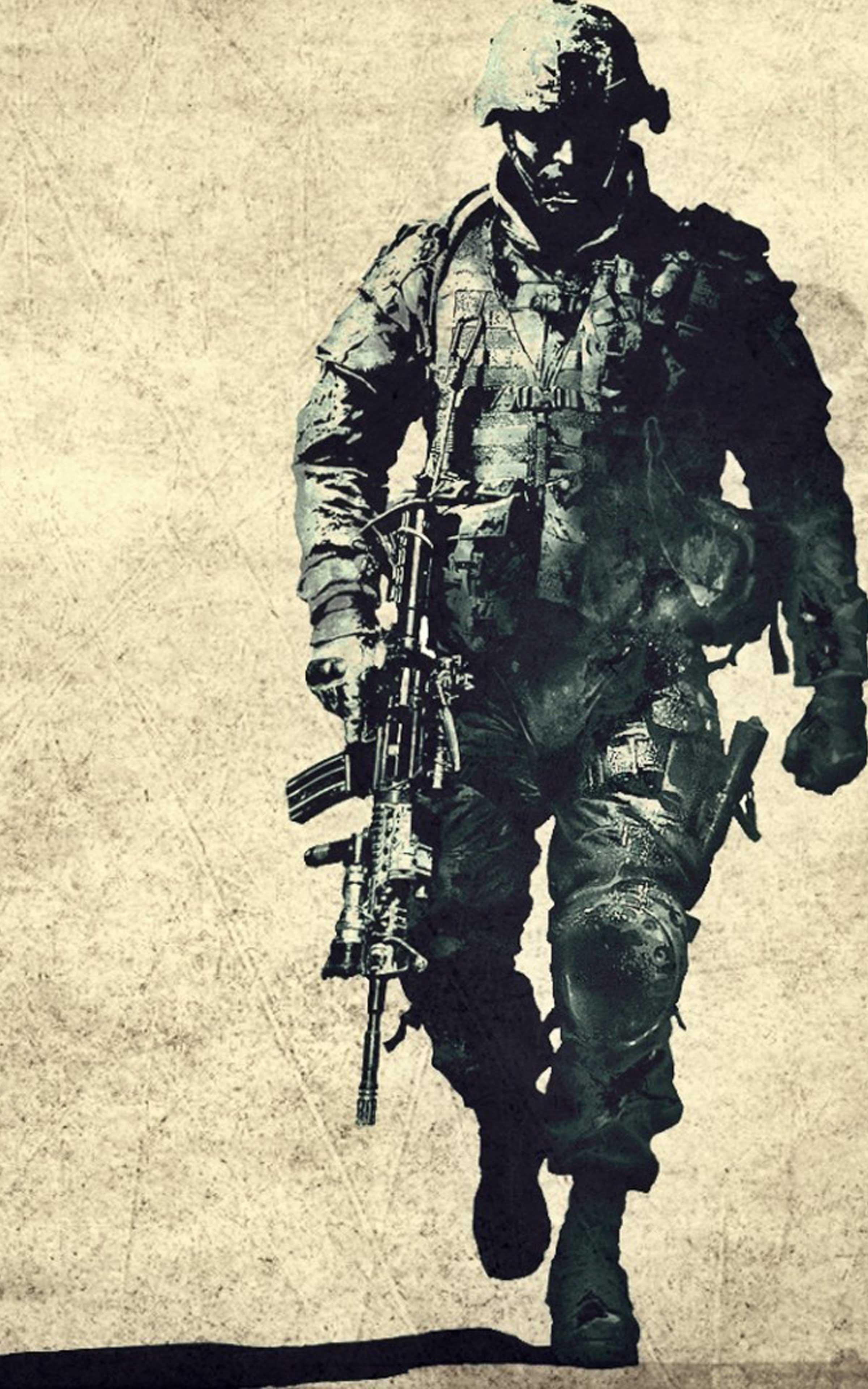 A soldier in combat gear, carrying a rifle, walking against a textured background