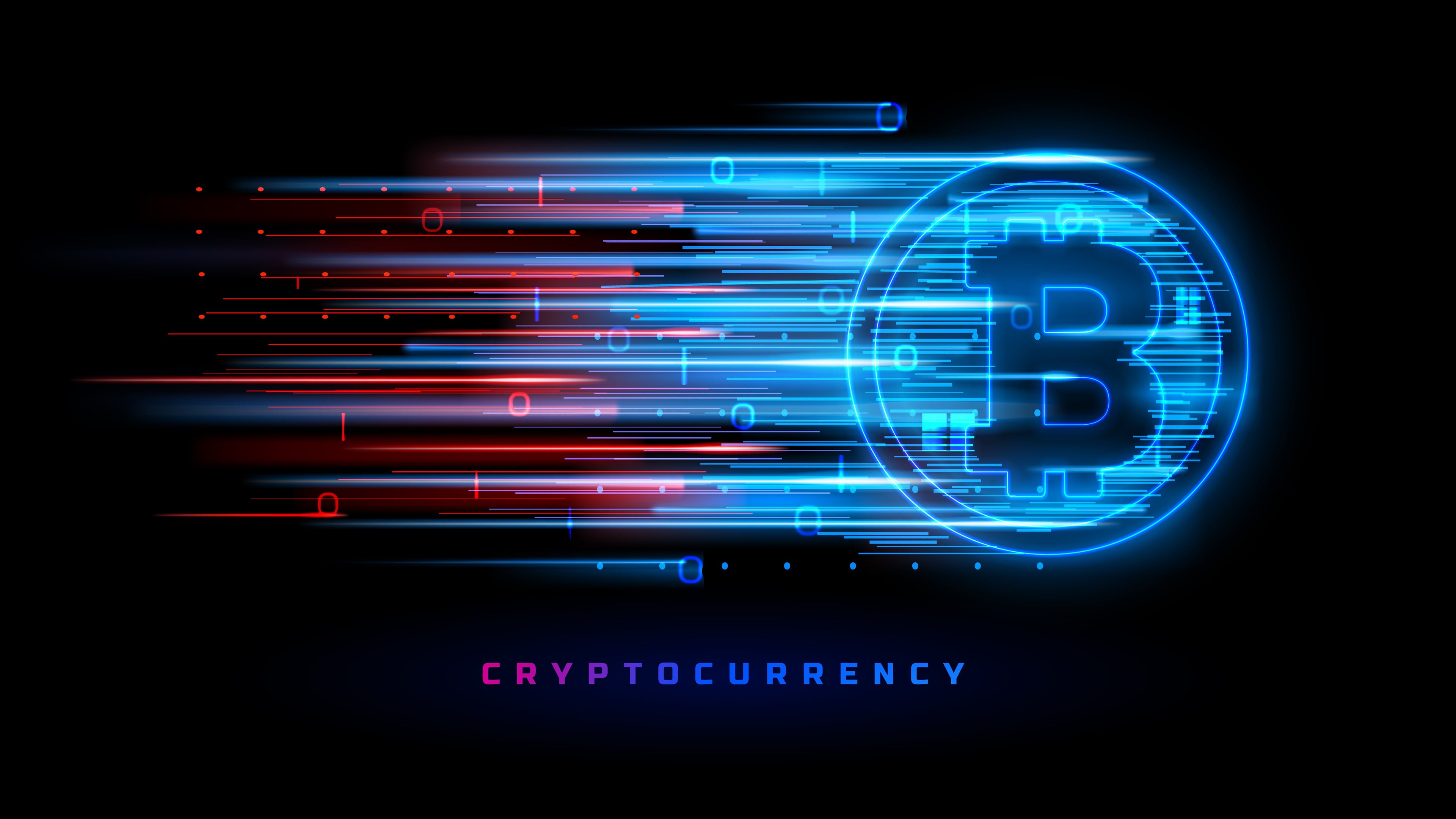 A futuristic, high-tech image of a Bitcoin symbol, glowing blue against a dark background, with streaks of light and binary code suggesting speed and digital transfer