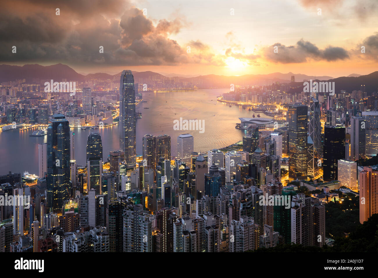 Sunrise Over Hong Kong Victoria Harbor From Peak With
