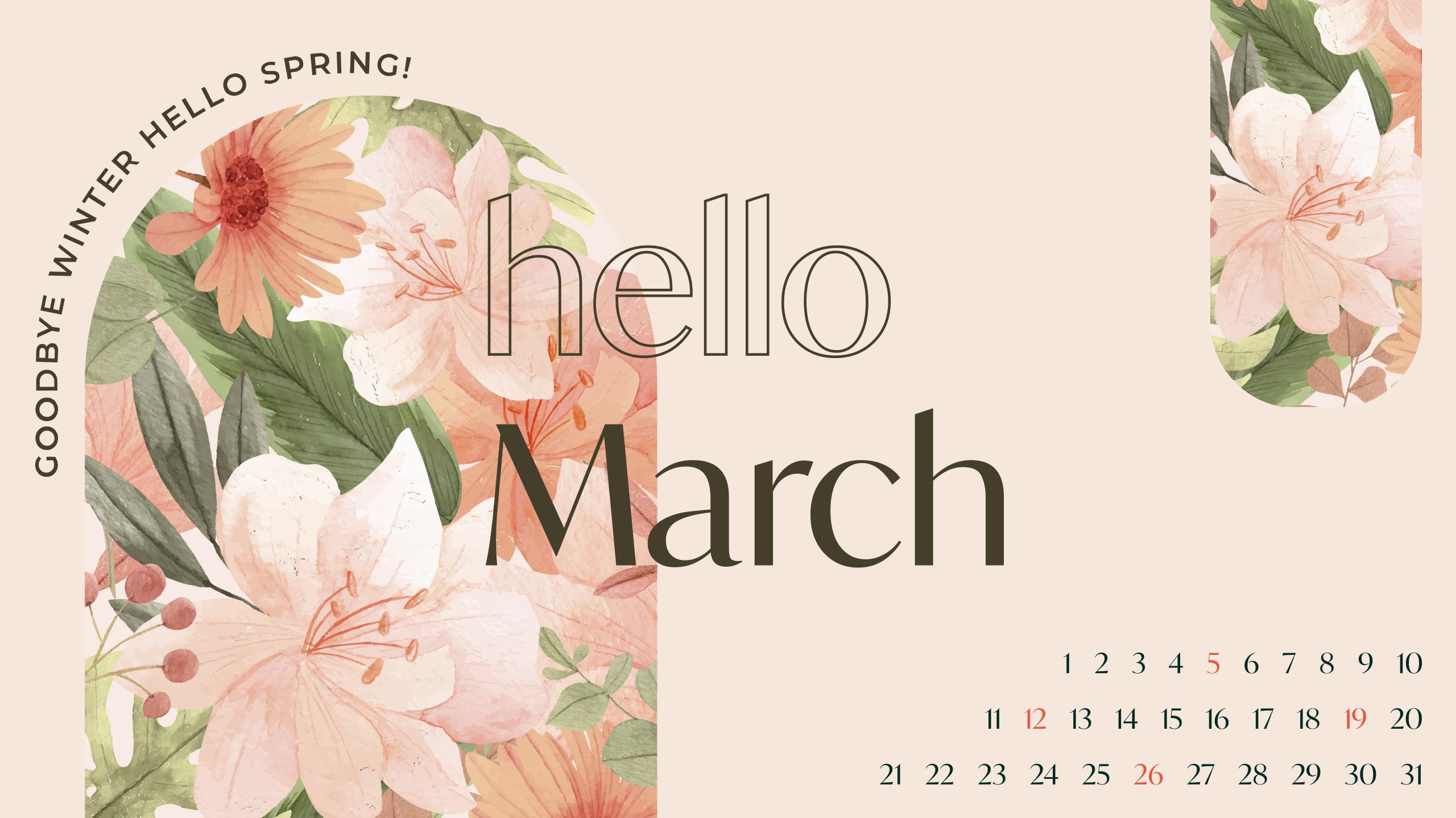 Free March Calendar with Pastel Flowers MasterBundles