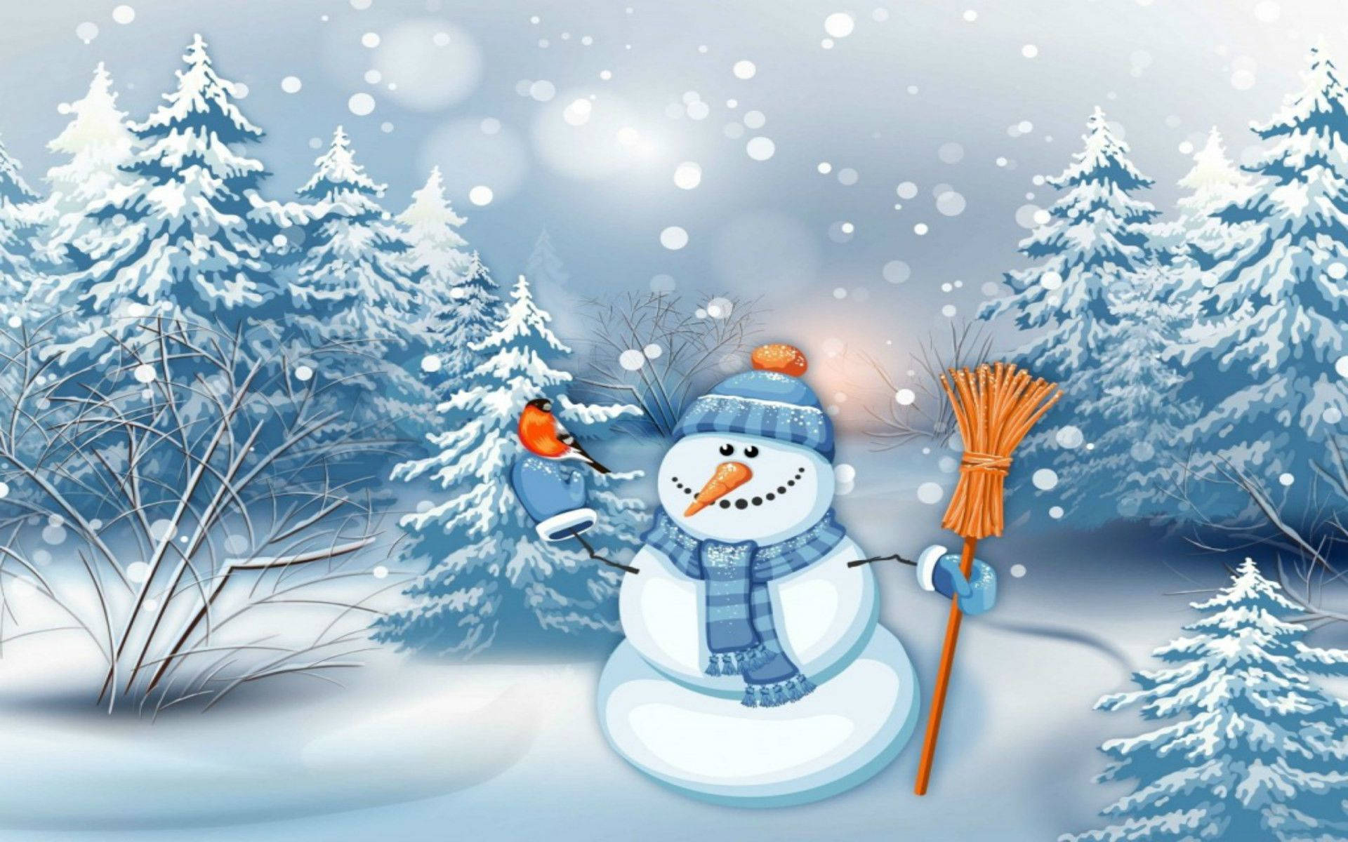 A cheerful snowman with a blue scarf and hat stands in a snowy forest, holding a bullfinch on one hand and a broom on the other. Winter wonderland scene