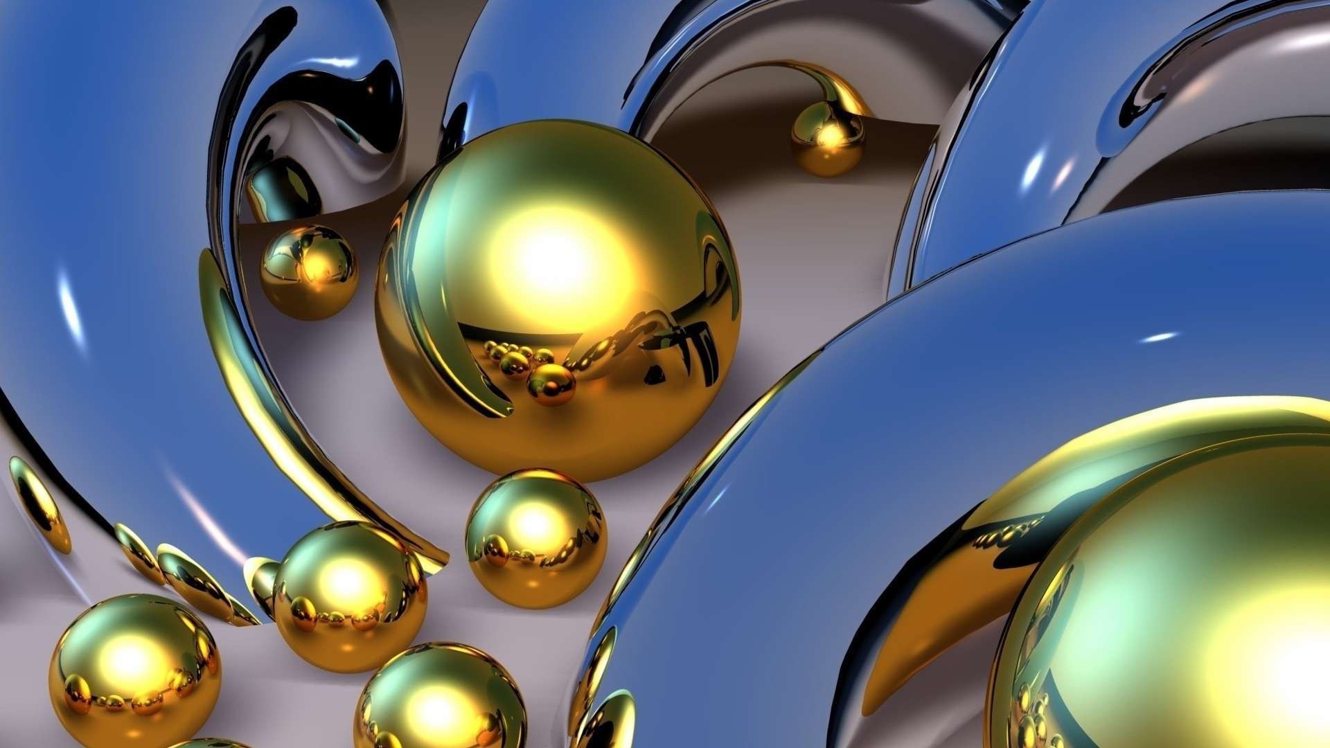 3D Abstract Golden Spheres and Blue Metallic Shapes Wallpaper