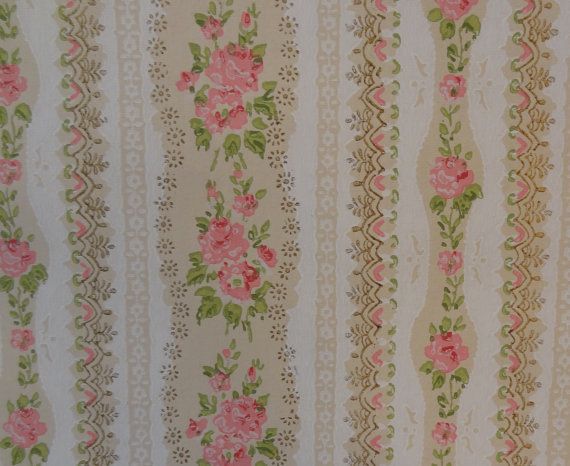 1940s Vintage Wallpaper Pink and White Floral on White Stripe