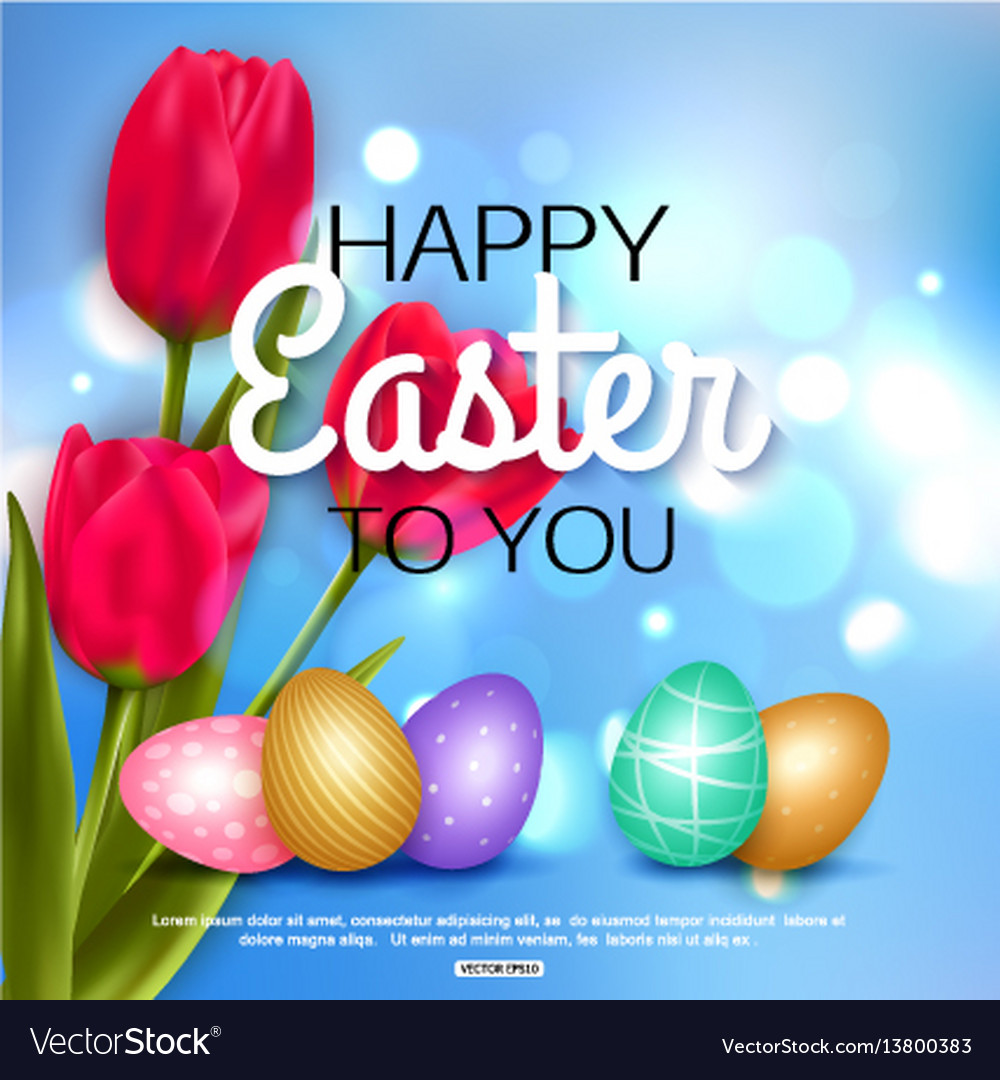 Happy easter background with red tulips eggs Vector Image