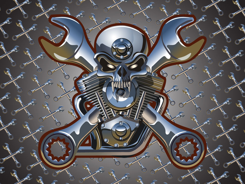 wicked skull on top of a motorcycle engine with crossed wrenches a