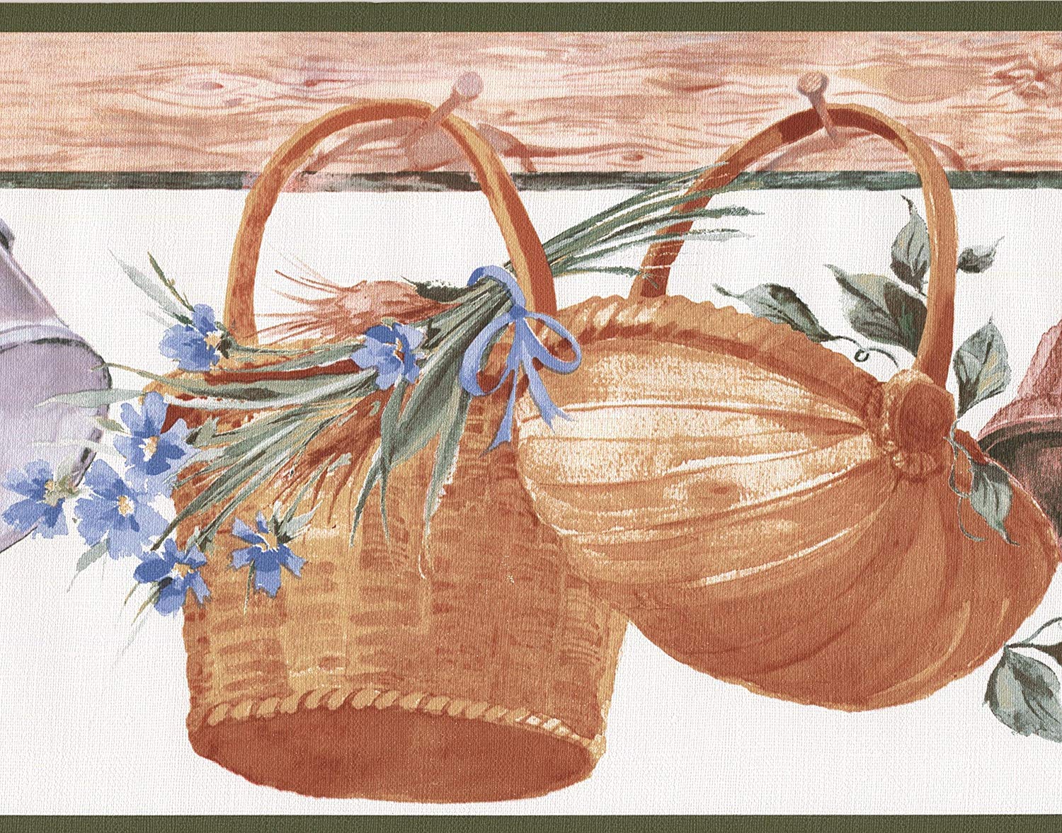 Hanging Baskets Corn Flowers Kitchen Wide Wallpaper Border Retro