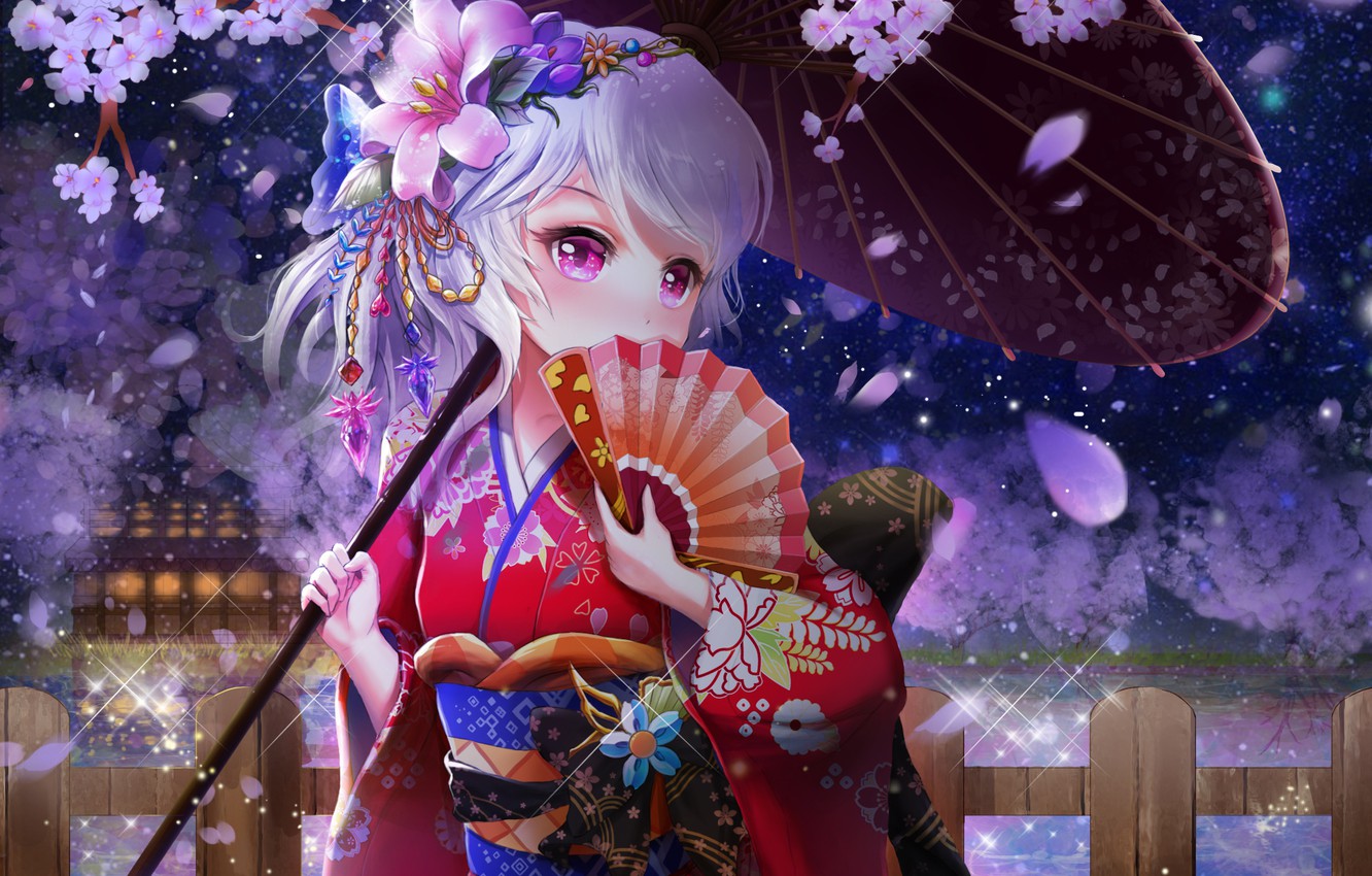 Wallpaper Umbrella Anime Sakura Fan Kimono Flowering Yukata