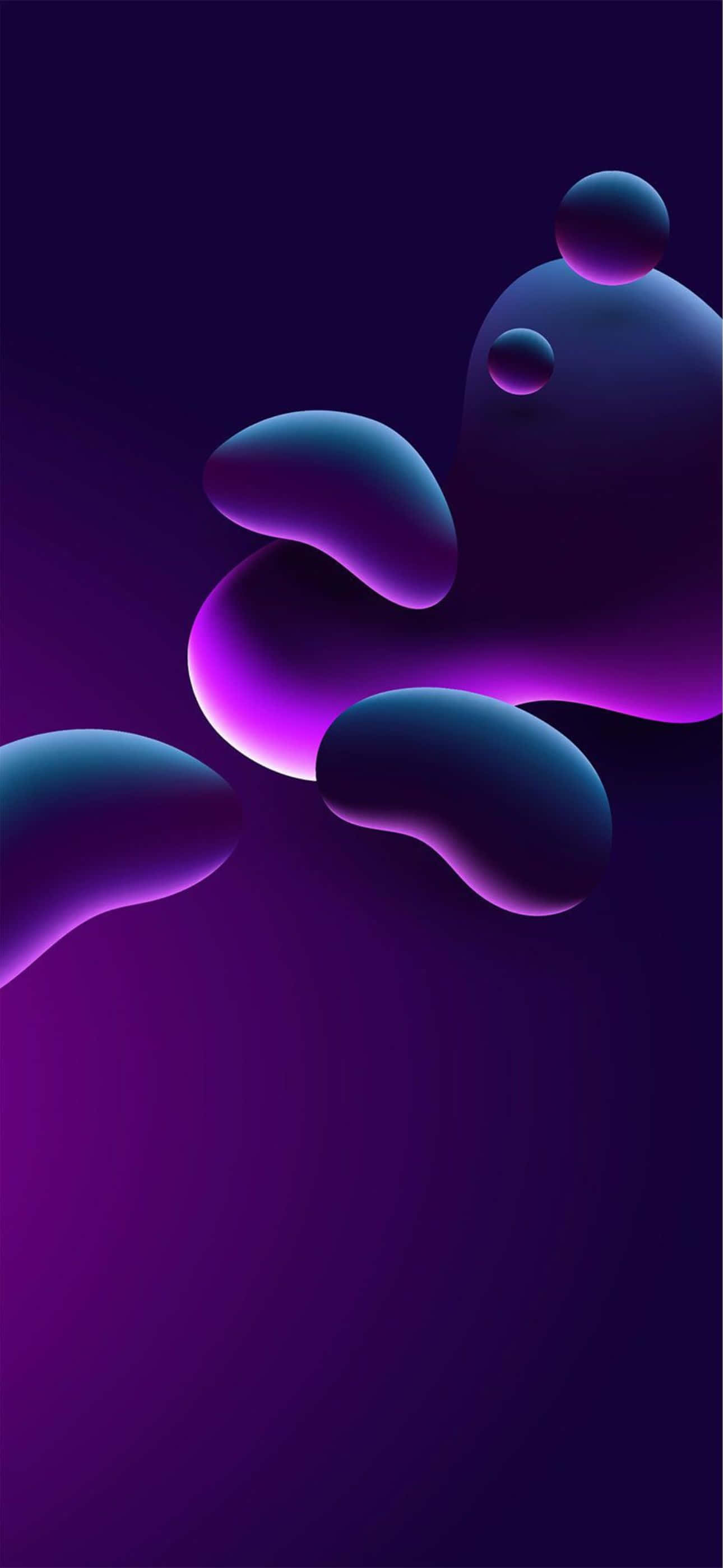 Abstract iPhone 14 Pro Max wallpaper with dark purple and blue gradient, featuring floating organic shapes