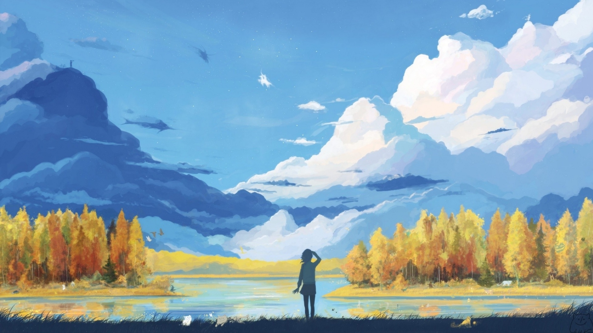 anime landscape wallpaper with the right lifted 3840x1080