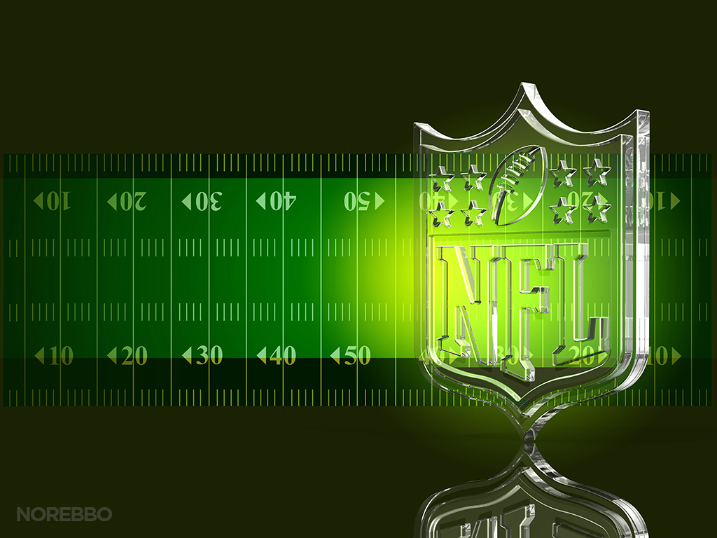  glass NFL football logo over a dark green football field background