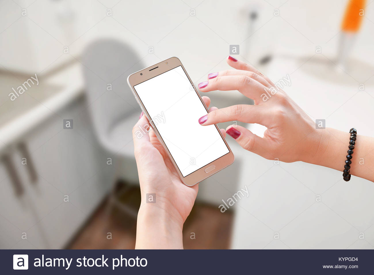 Woman Touch Smart Phone With Blank Isolated Screen For App Stock