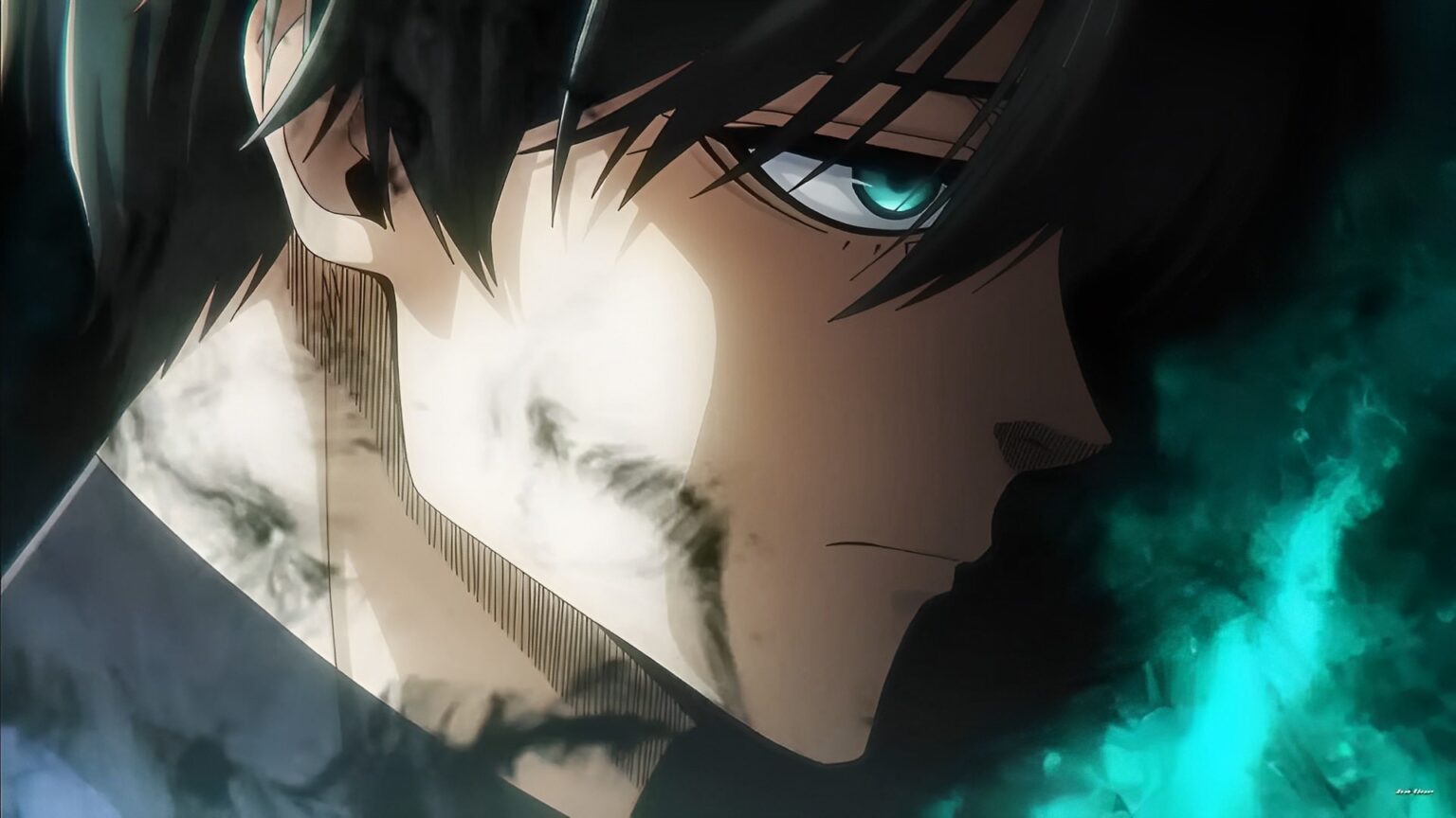 Close-up of Isagi Yoichi with a determined expression, surrounded by a turquoise aura